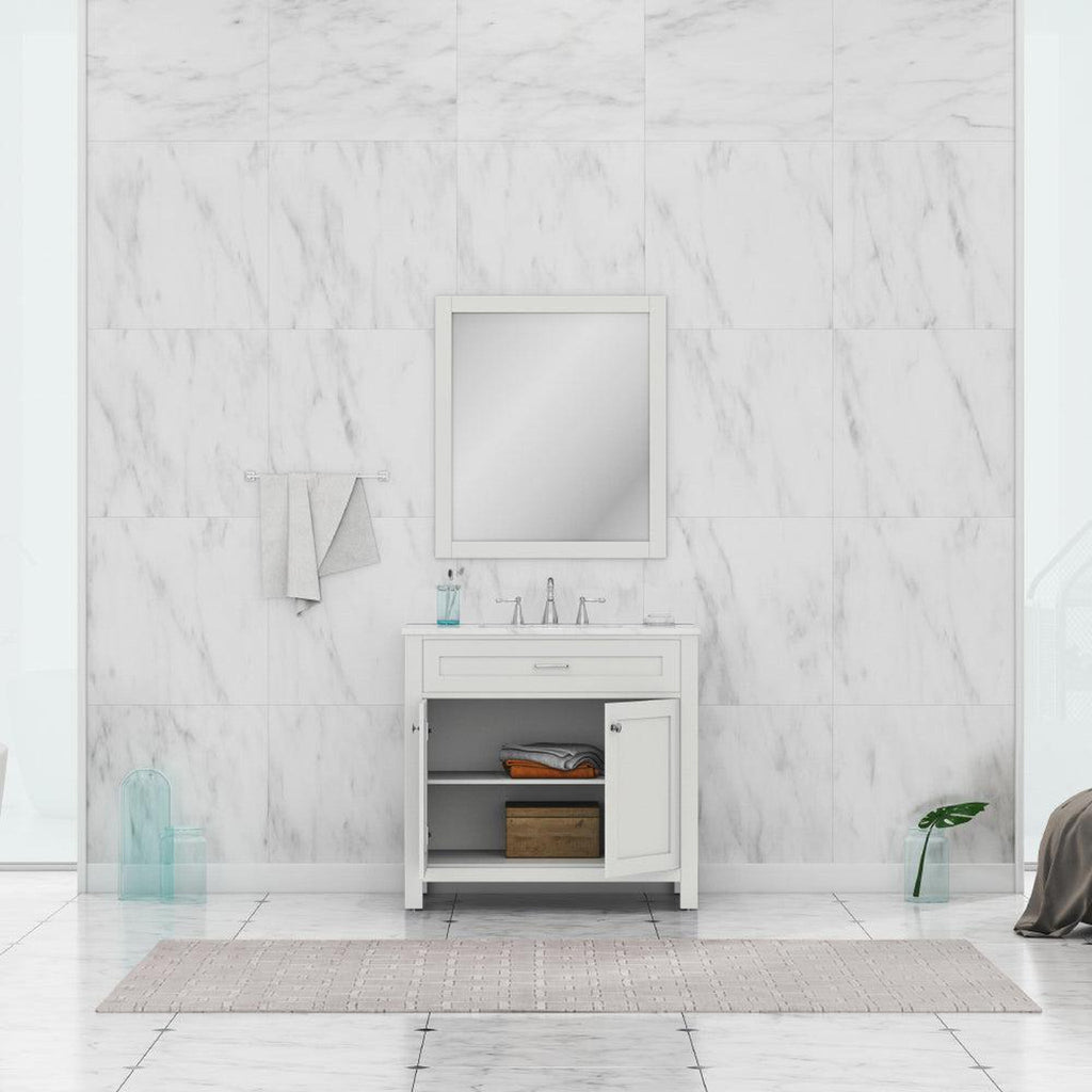 Alya Bath Norwalk 36" Single White Freestanding &nbsp;Bathroom Vanity With Carrara Marble Top, &nbsp;- HE-101-36-W-CWMT + HE-101/102-36-W-MCeramic Sink and Wall Mounted Mirror - HE-101-36-W-CWMT + HE-101/102-36-W-M