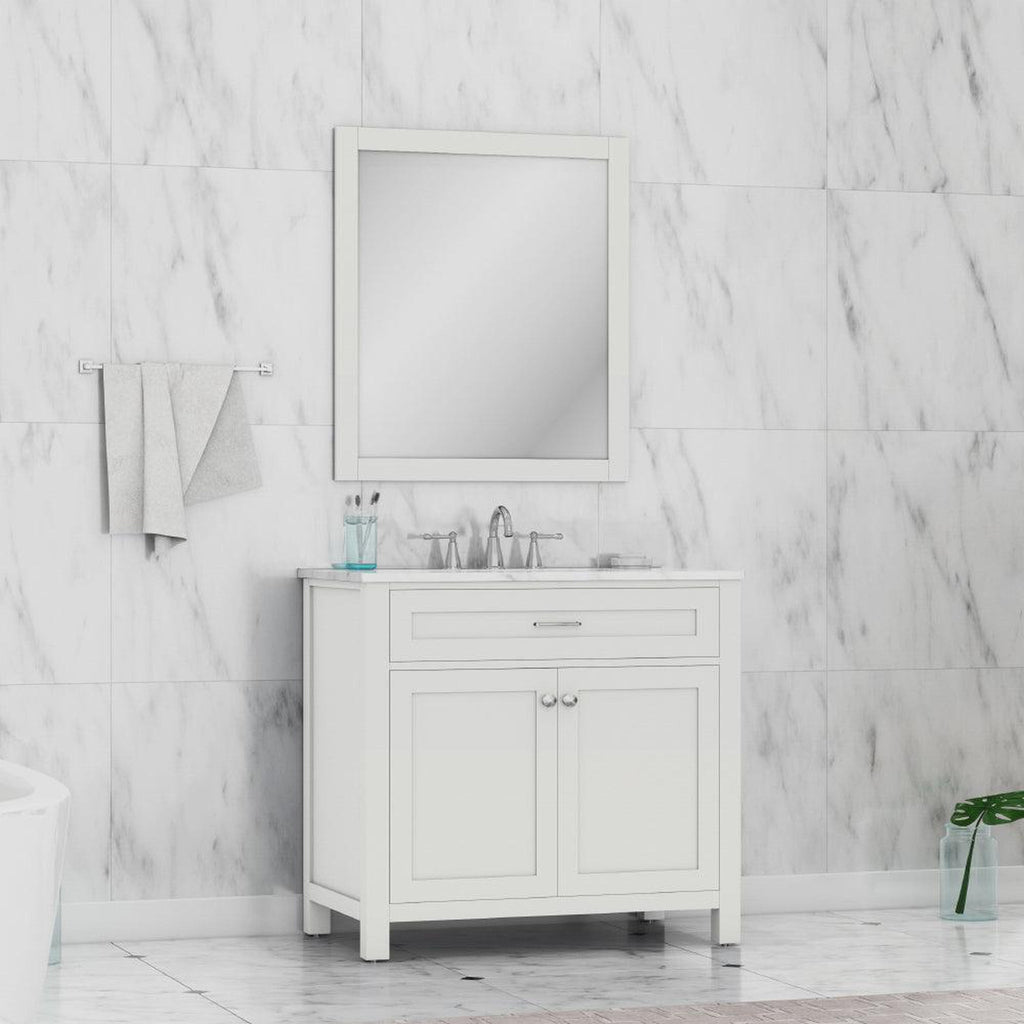 Alya Bath Norwalk 36" Single White Freestanding &nbsp;Bathroom Vanity With Carrara Marble Top, &nbsp;- HE-101-36-W-CWMT + HE-101/102-36-W-MCeramic Sink and Wall Mounted Mirror - HE-101-36-W-CWMT + HE-101/102-36-W-M