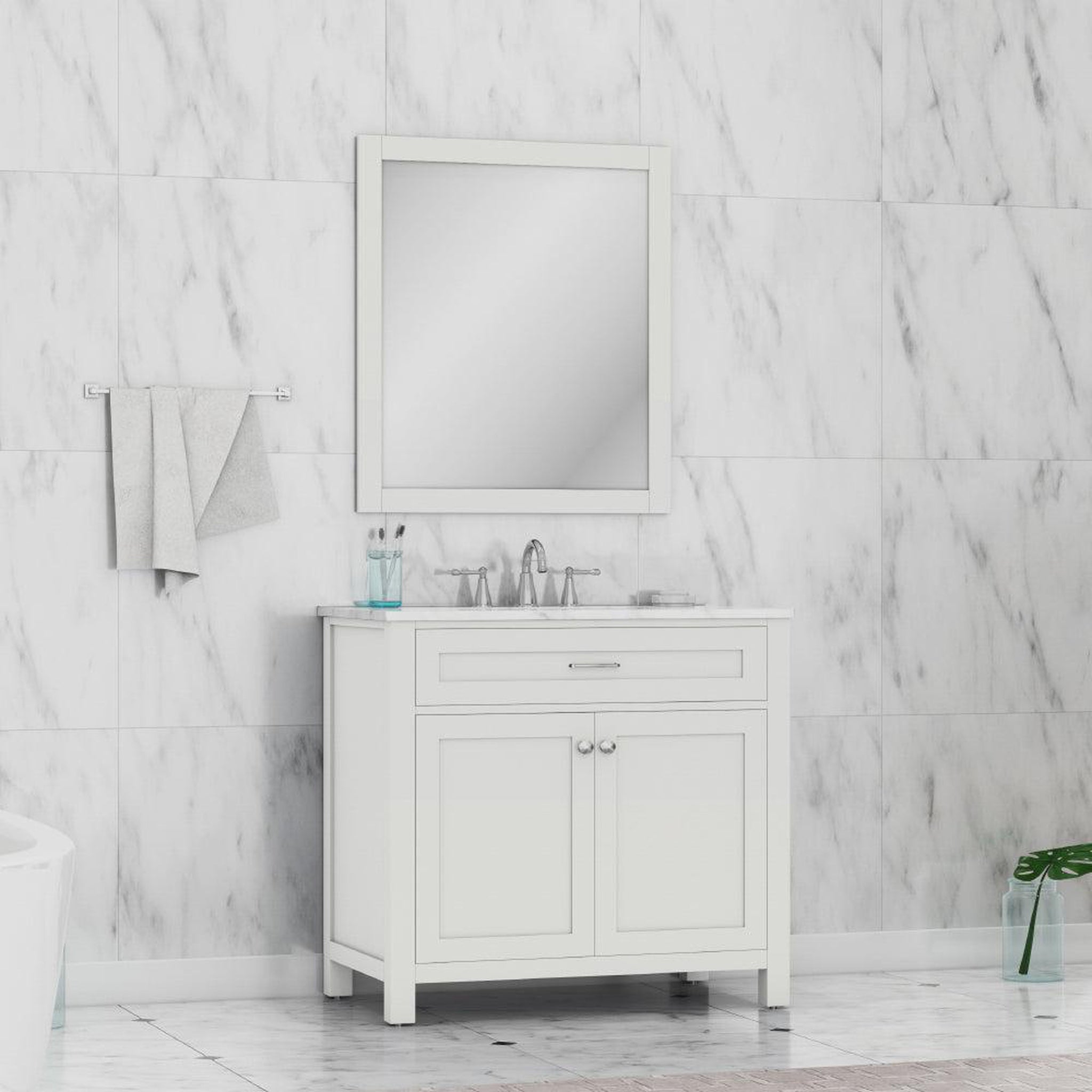 Alya Bath Norwalk 36" Single White Freestanding &nbsp;Bathroom Vanity With Carrara Marble Top, &nbsp;- HE-101-36-W-CWMT + HE-101/102-36-W-MCeramic Sink and Wall Mounted Mirror - HE-101-36-W-CWMT + HE-101/102-36-W-M