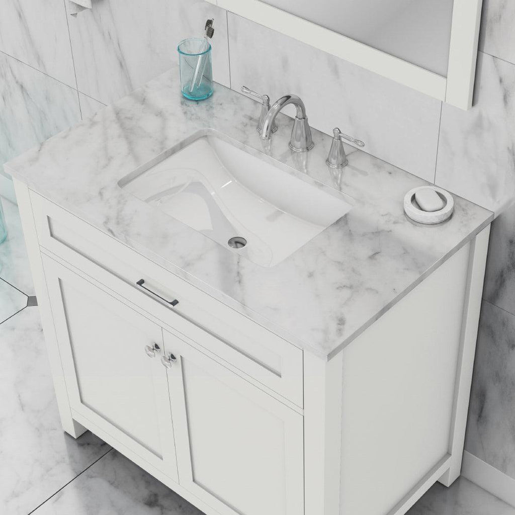 Alya Bath Norwalk 36" Single White Freestanding &nbsp;Bathroom Vanity With Carrara Marble Top, &nbsp;- HE-101-36-W-CWMT + HE-101/102-36-W-MCeramic Sink and Wall Mounted Mirror - HE-101-36-W-CWMT + HE-101/102-36-W-M