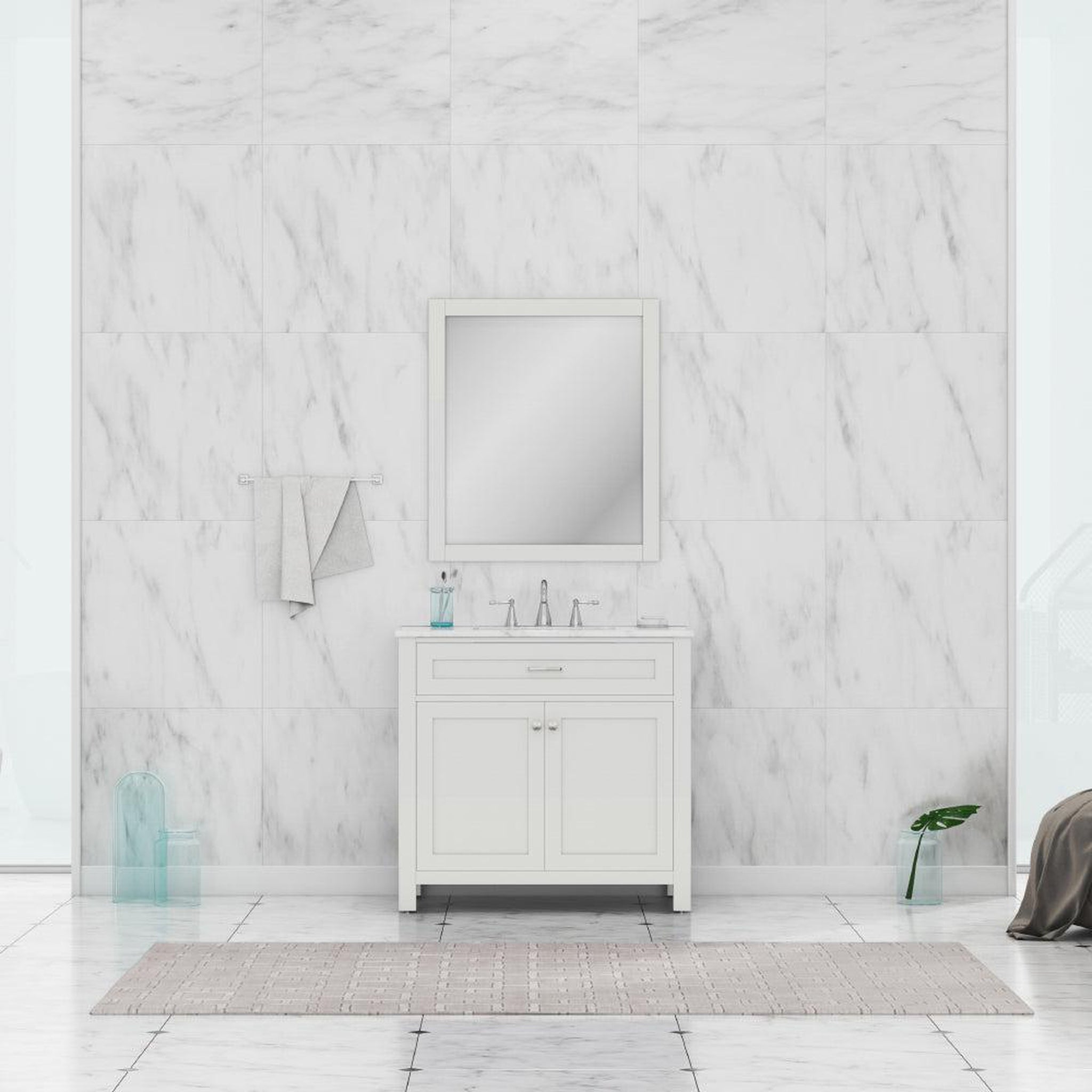 Alya Bath Norwalk 36" Single White Freestanding &nbsp;Bathroom Vanity With Carrara Marble Top, &nbsp;- HE-101-36-W-CWMT + HE-101/102-36-W-MCeramic Sink and Wall Mounted Mirror - HE-101-36-W-CWMT + HE-101/102-36-W-M
