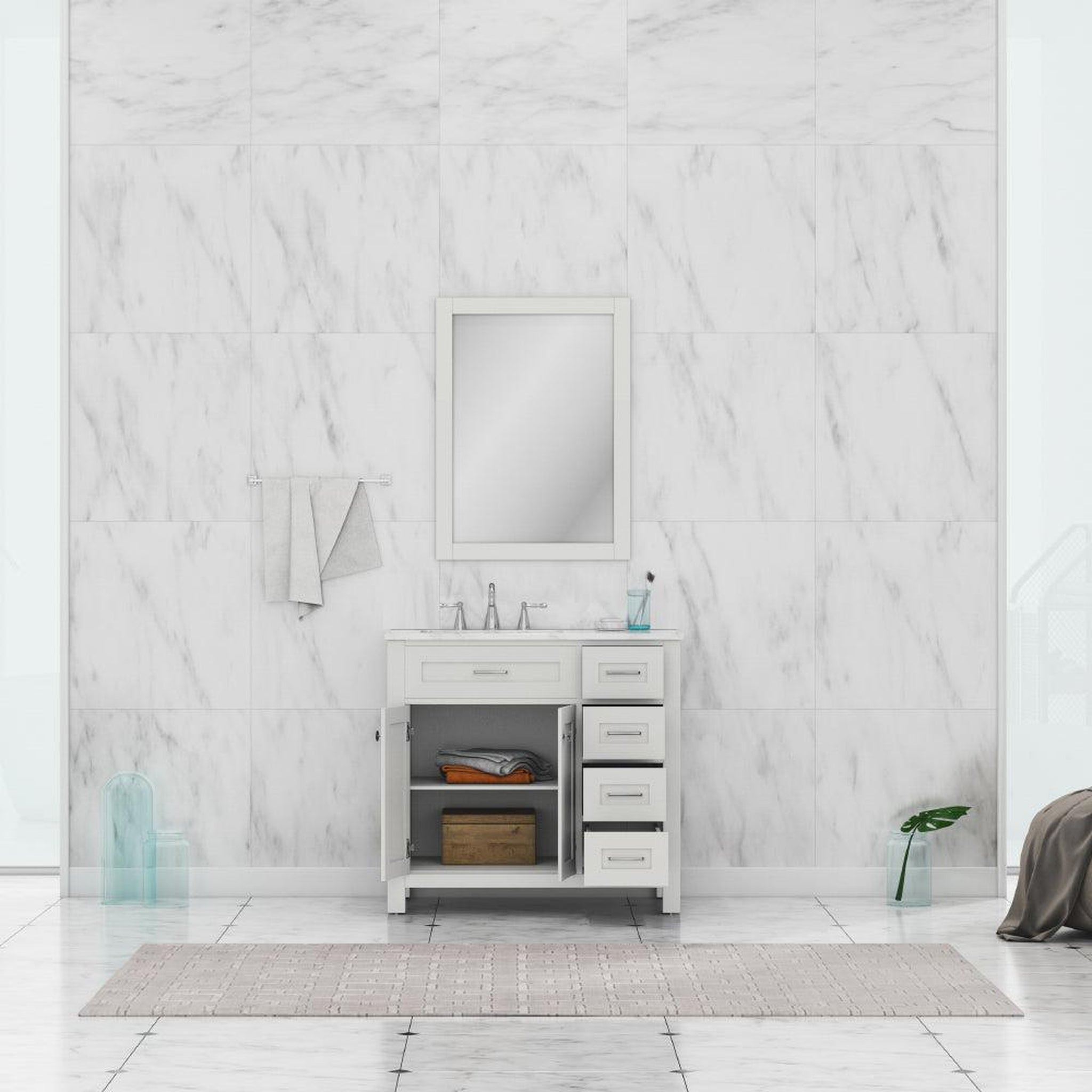 Alya Bath Norwalk 36" Single White Freestanding  Bathroom Vanity With Drawers, Carrara Marble Top and Ceramic Sink and Wall Mounted Mirror - HE-101-36-DR-W-CWMT + HE-101/102-36-W-M