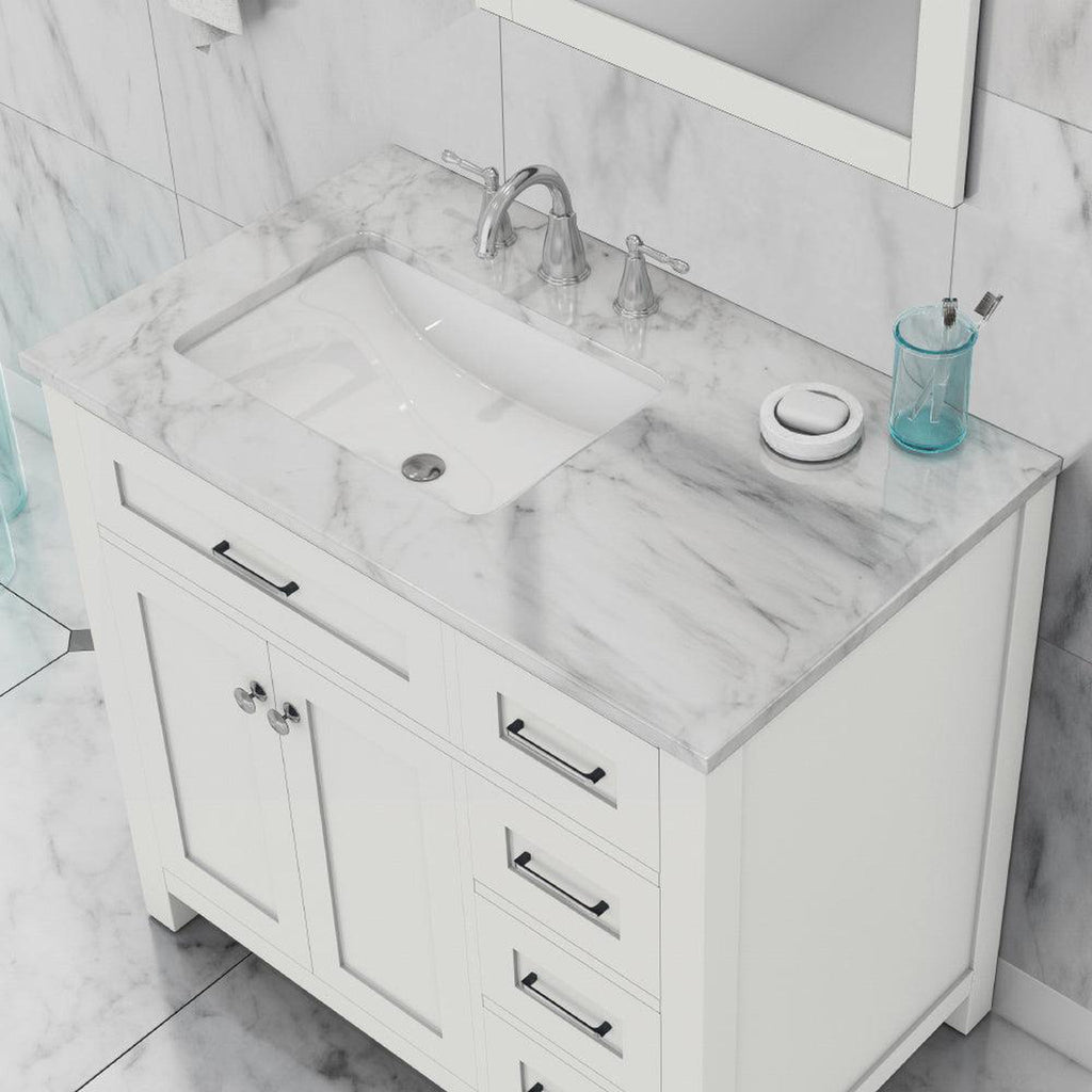 Alya Bath Norwalk 36" Single White Freestanding  Bathroom Vanity With Drawers, Carrara Marble Top and Ceramic Sink and Wall Mounted Mirror - HE-101-36-DR-W-CWMT + HE-101/102-36-W-M