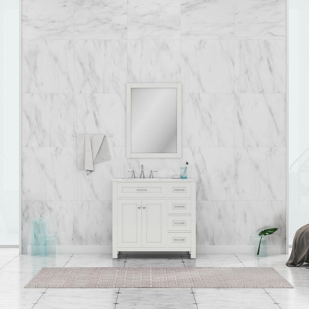 Alya Bath Norwalk 36" Single White Freestanding  Bathroom Vanity With Drawers, Carrara Marble Top and Ceramic Sink and Wall Mounted Mirror - HE-101-36-DR-W-CWMT + HE-101/102-36-W-M