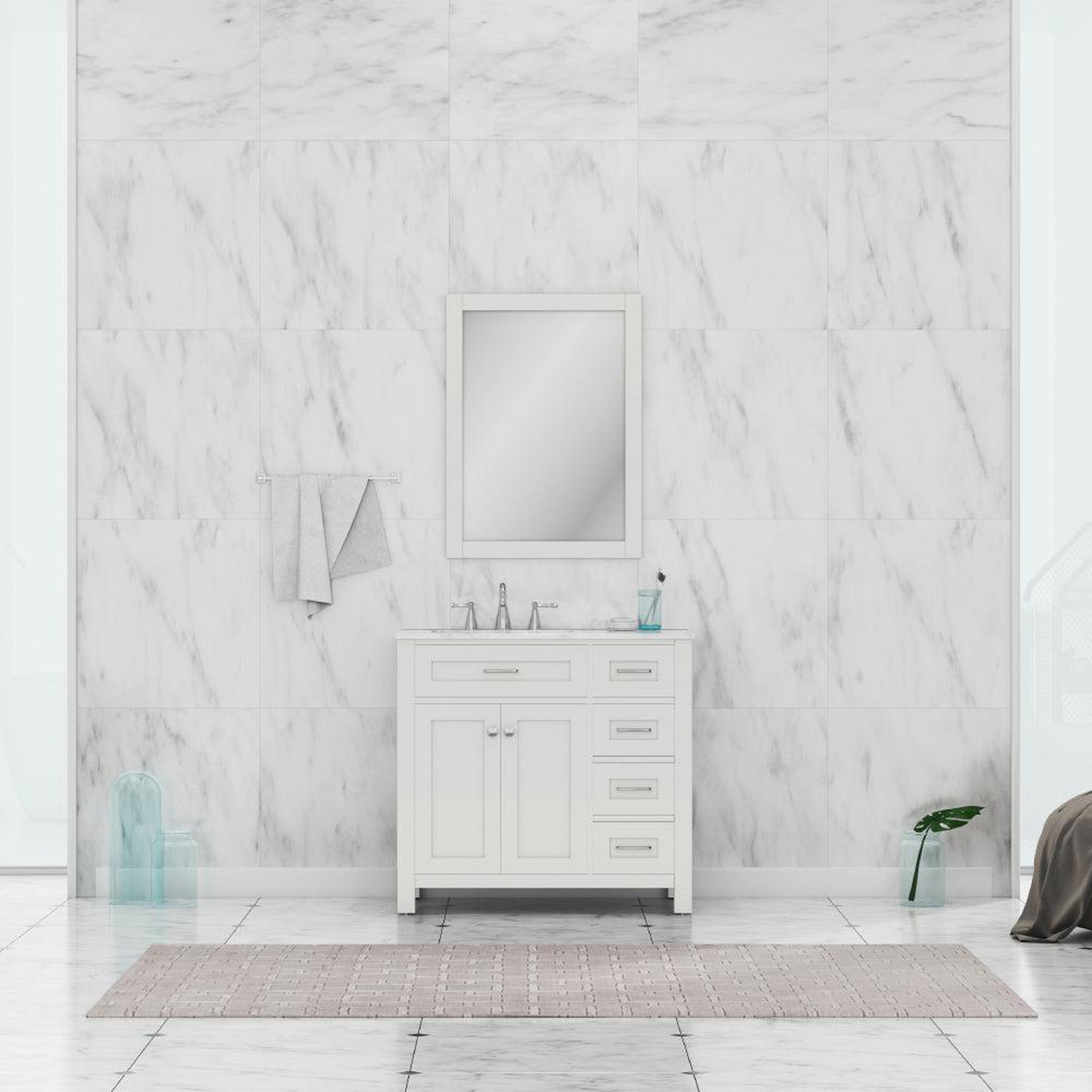 Alya Bath Norwalk 36" Single White Freestanding  Bathroom Vanity With Drawers, Carrara Marble Top and Ceramic Sink and Wall Mounted Mirror - HE-101-36-DR-W-CWMT + HE-101/102-36-W-M