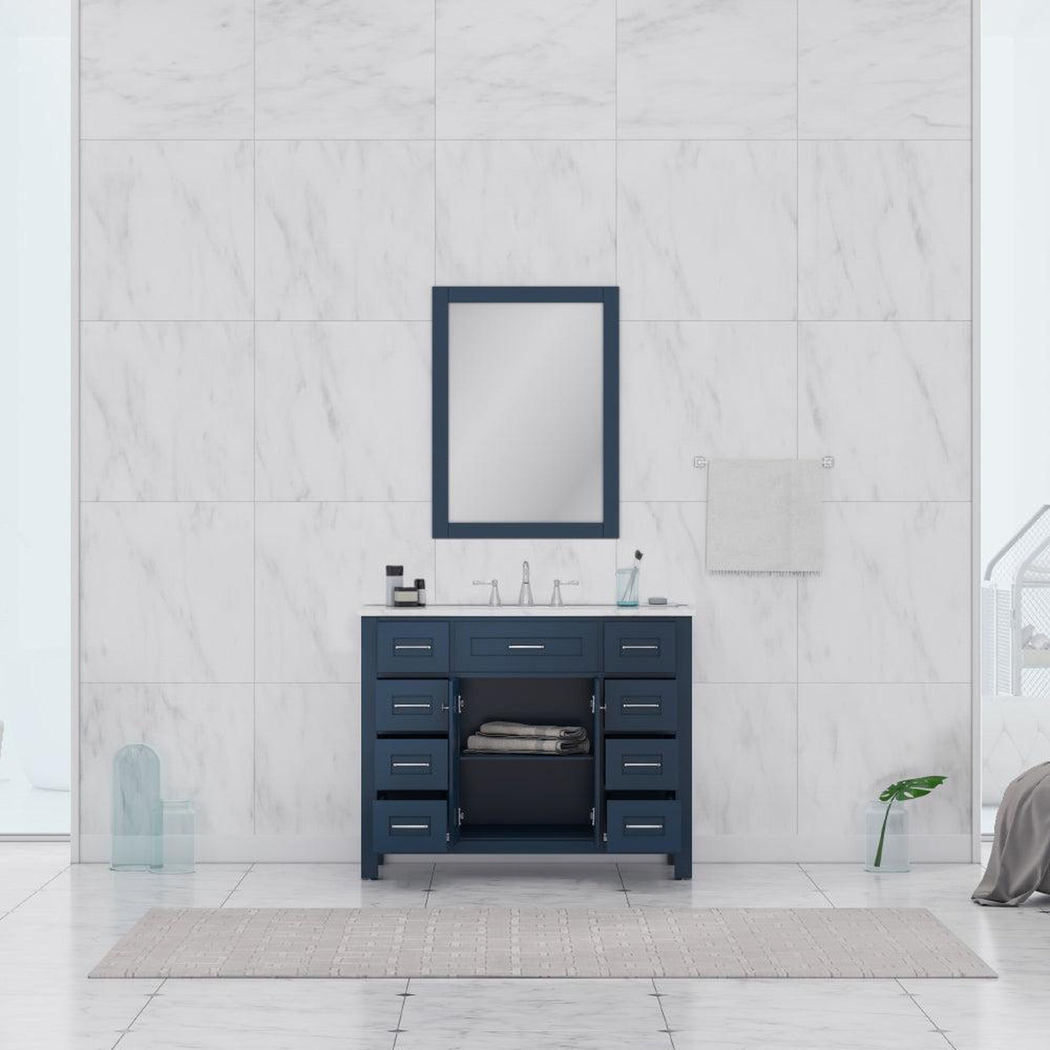 Alya Bath Norwalk 42" Single Blue Freestanding Bathroom Vanity With Carrara Marble Top, Ceramic Sink and Wall Mounted Mirror - HE-101-42-B-CWMT + HE-101/102-42-B-M