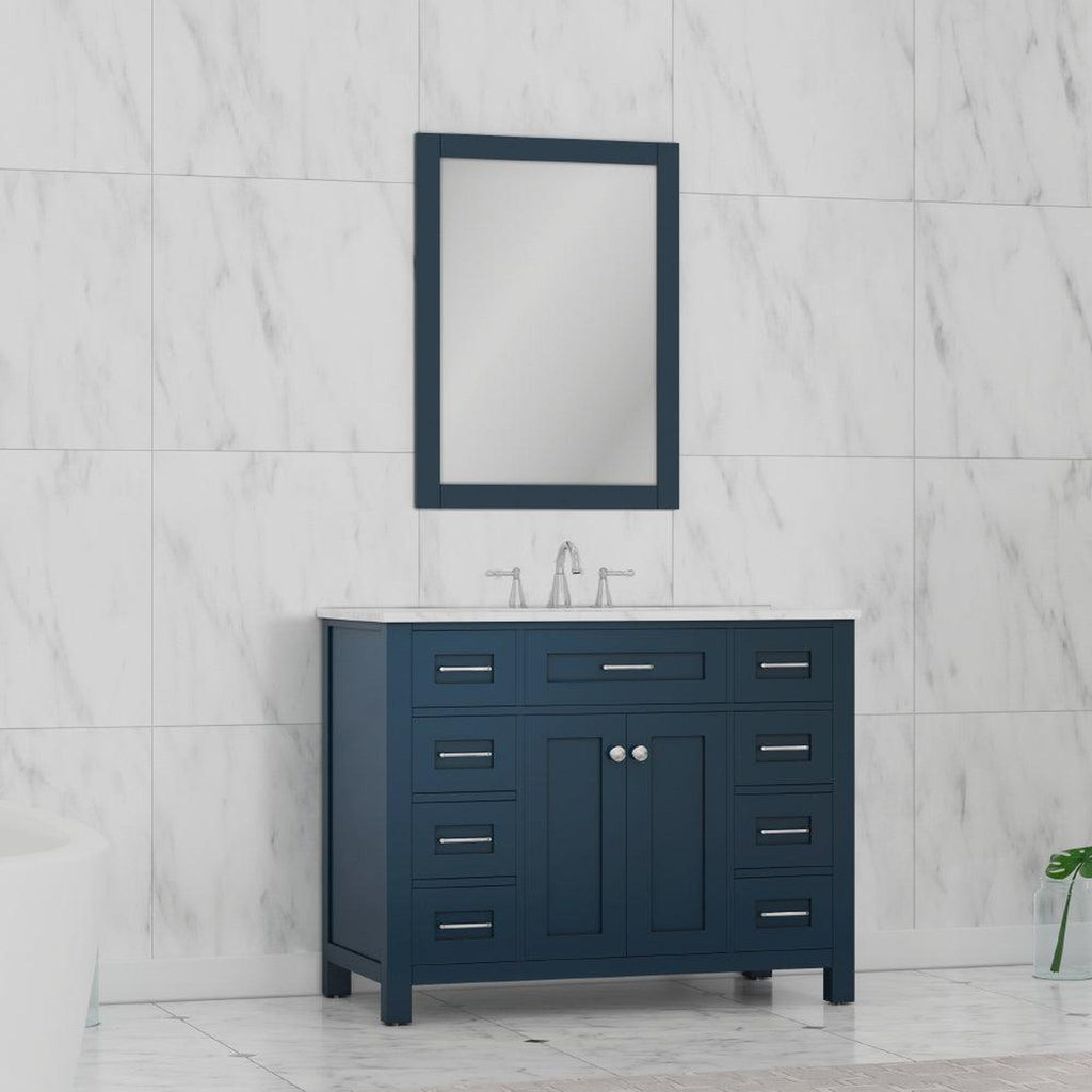 Alya Bath Norwalk 42" Single Blue Freestanding Bathroom Vanity With Carrara Marble Top, Ceramic Sink and Wall Mounted Mirror - HE-101-42-B-CWMT + HE-101/102-42-B-M