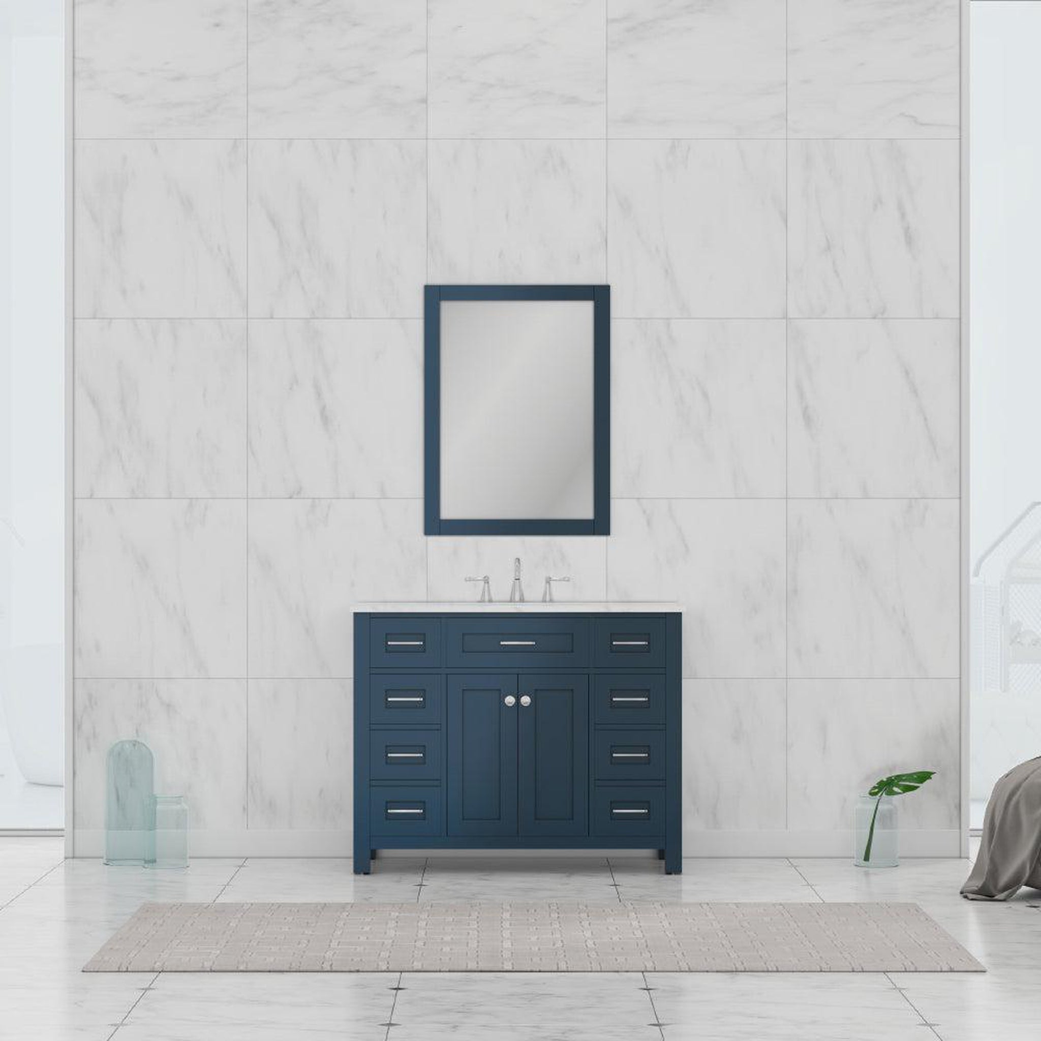 Alya Bath Norwalk 42" Single Blue Freestanding Bathroom Vanity With Carrara Marble Top, Ceramic Sink and Wall Mounted Mirror - HE-101-42-B-CWMT + HE-101/102-42-B-M