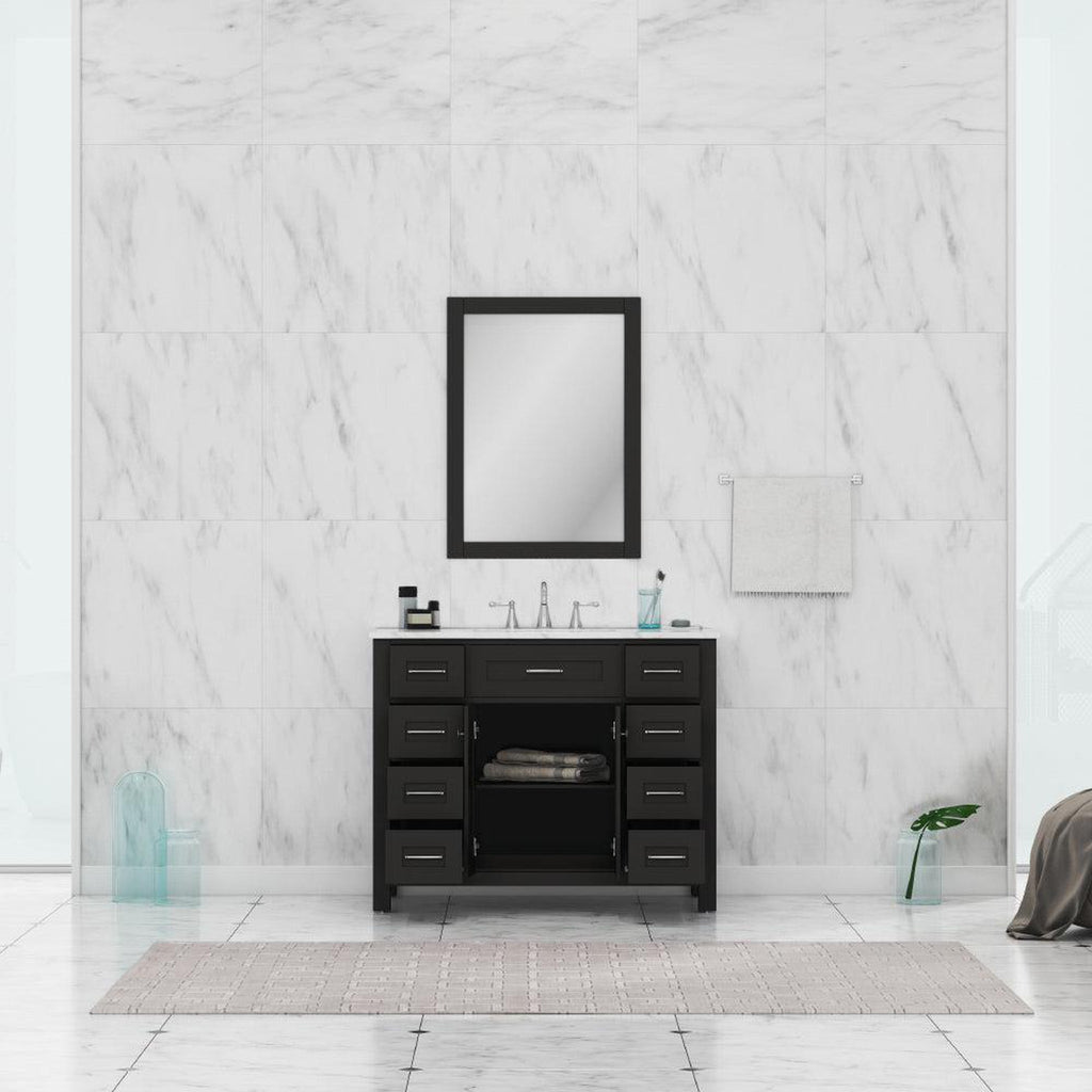Alya Bath Norwalk 42" Single Espresso Freestanding  Bathroom Vanity With Carrara Marble Top, Ceramic Sink and Wall Mounted Mirror - HE-101-42-E-CWMT + HE-101/102-42-E-M
