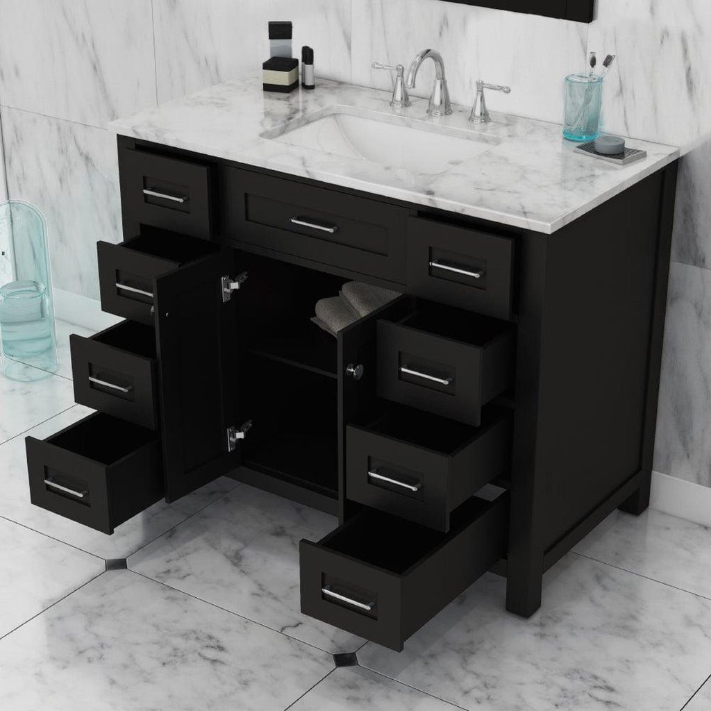 Alya Bath Norwalk 42" Single Espresso Freestanding  Bathroom Vanity With Carrara Marble Top, Ceramic Sink and Wall Mounted Mirror - HE-101-42-E-CWMT + HE-101/102-42-E-M