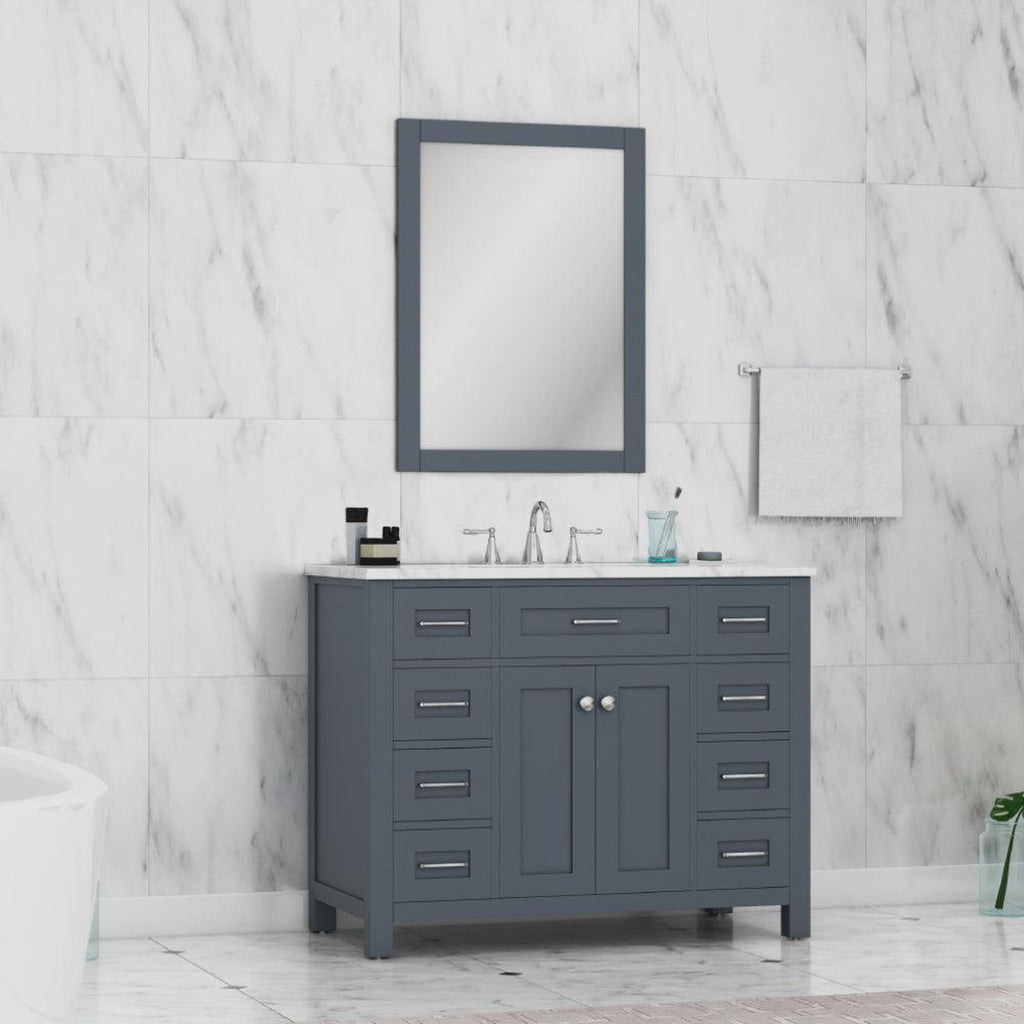 Alya Bath Norwalk 42" Single Gray Freestanding  Bathroom Vanity With Carrara Marble Top, Ceramic Sink and Wall Mounted Mirror - HE-101-42-G-CWMT + HE-101/102-42-W-M
