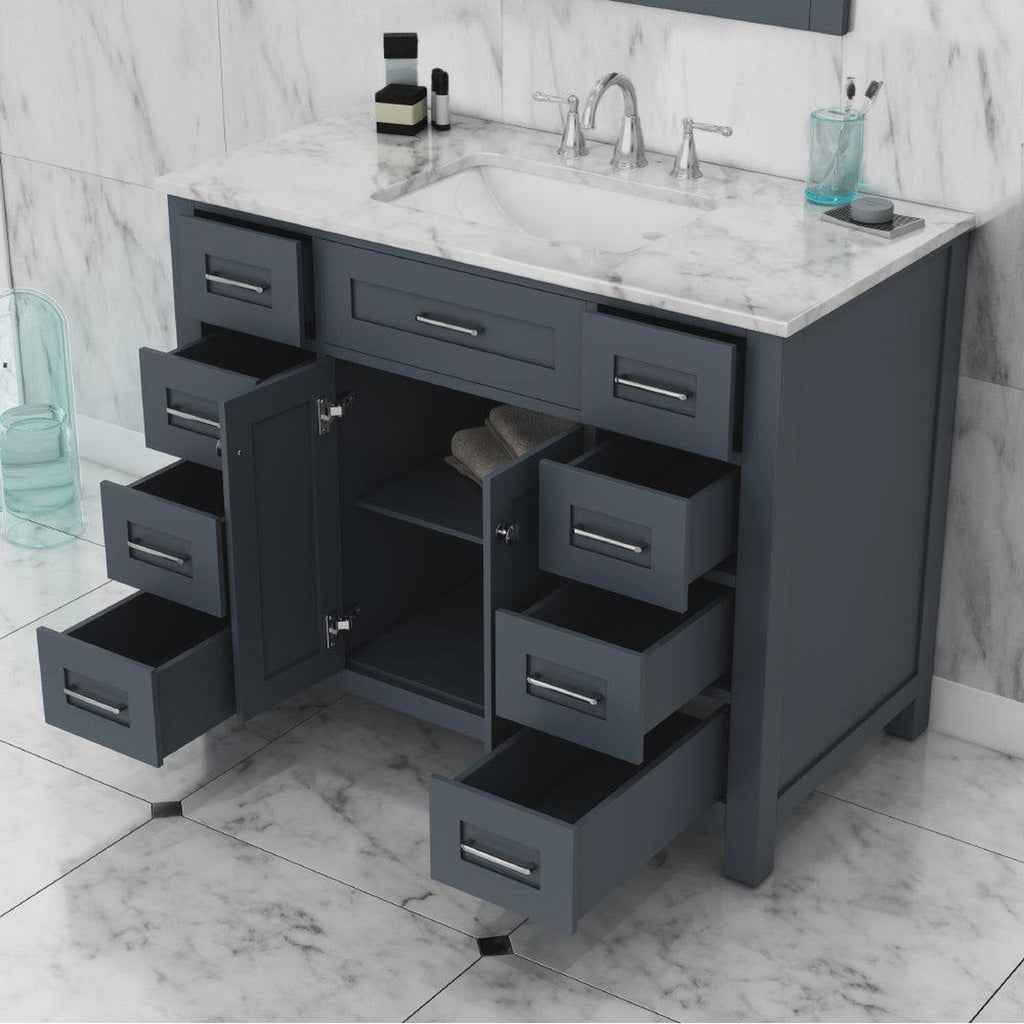 Alya Bath Norwalk 42" Single Gray Freestanding  Bathroom Vanity With Carrara Marble Top, Ceramic Sink and Wall Mounted Mirror - HE-101-42-G-CWMT + HE-101/102-42-W-M