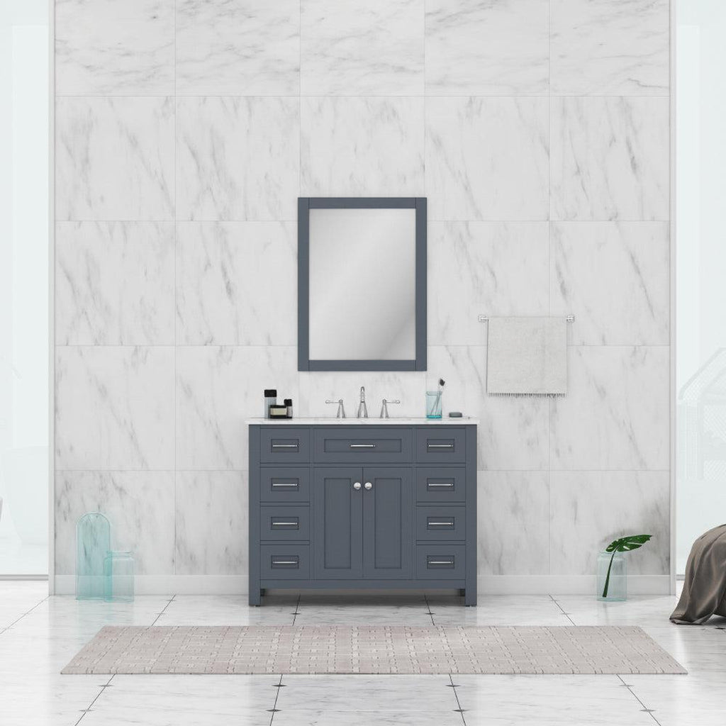 Alya Bath Norwalk 42" Single Gray Freestanding  Bathroom Vanity With Carrara Marble Top, Ceramic Sink and Wall Mounted Mirror - HE-101-42-G-CWMT + HE-101/102-42-W-M