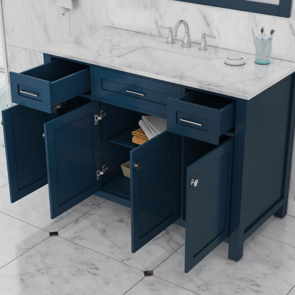 Alya Bath Norwalk 48" Single Blue Freestanding Bathroom Vanity With Carrara Marble Top, Ceramic Sink and Wall Mounted Mirror - HE-101-48-B-CWMT + HE-101/102-42-B-M