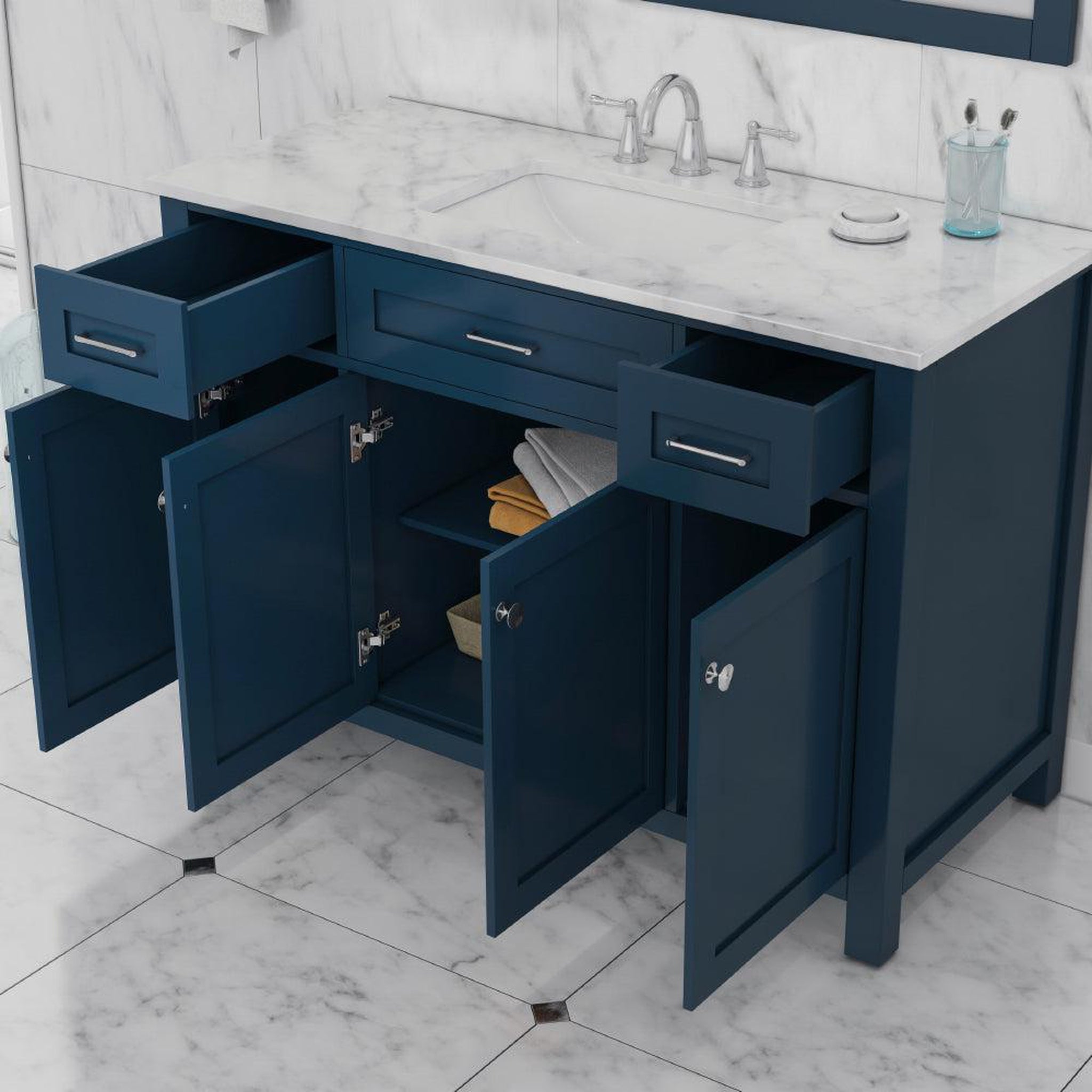 Alya Bath Norwalk 48" Single Blue Freestanding Bathroom Vanity With Carrara Marble Top, Ceramic Sink and Wall Mounted Mirror - HE-101-48-B-CWMT + HE-101/102-42-B-M