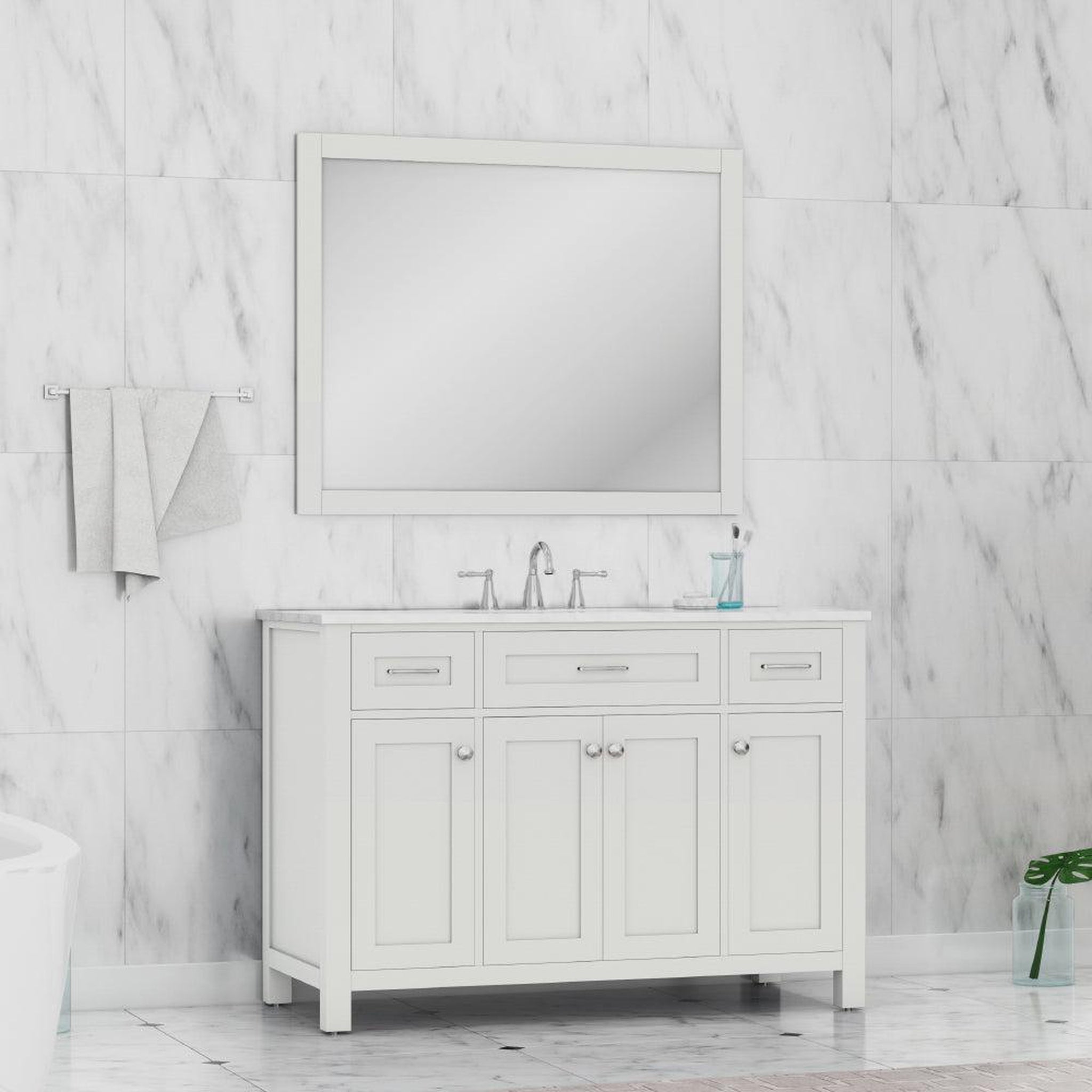 Alya Bath Norwalk 48" Single White Freestanding  Bathroom Vanity With Carrara Marble Top, Ceramic Sink and Wall Mounted Mirror - HE-101-48-W-CWMT + HE-101/102-42-G-M