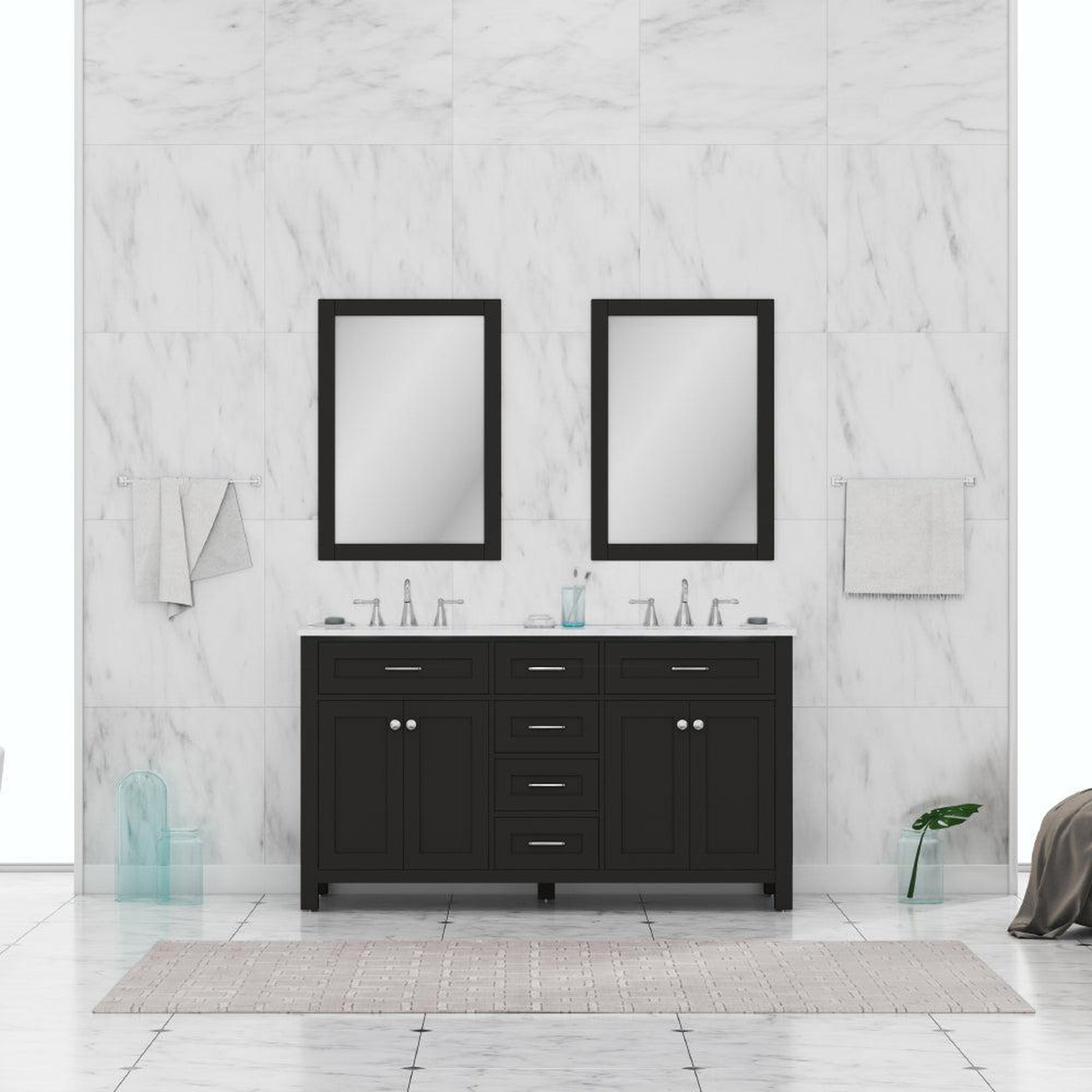 Alya Bath Norwalk 60" Double Espresso Freestanding  Bathroom Vanity With Carrara Marble Top, Ceramic Sinks and Two Mirrors