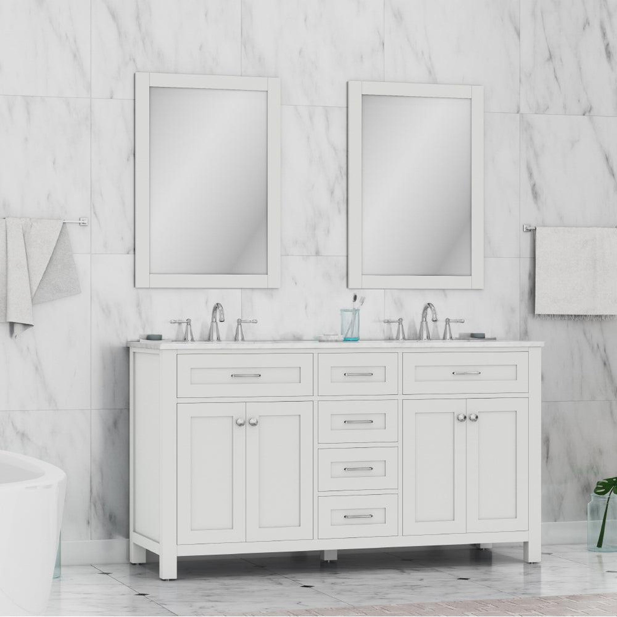 Alya Bath Norwalk 60" Double White Freestanding  Bathroom Vanity With Carrara Marble Top, Ceramic Sink and Two Mirrors - HE-101-60D-W-CWMT + 2x HE-101/102-24-W-M