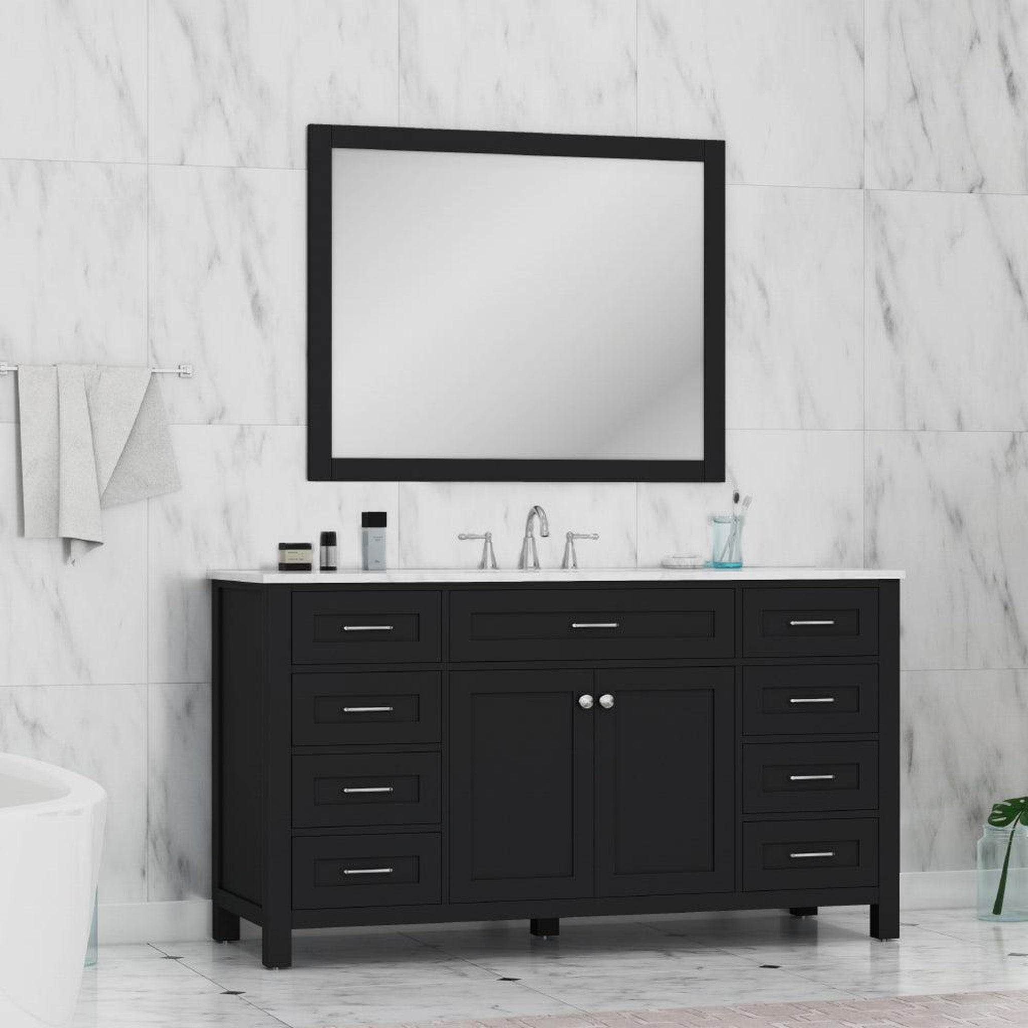 Alya Bath Norwalk 60" Single Espresso Freestanding  Bathroom Vanity With Carrara Marble Top, Ceramic Sink and Wall Mounted Mirror - HE-101-60S-E-CWMT + AT-48-M-B