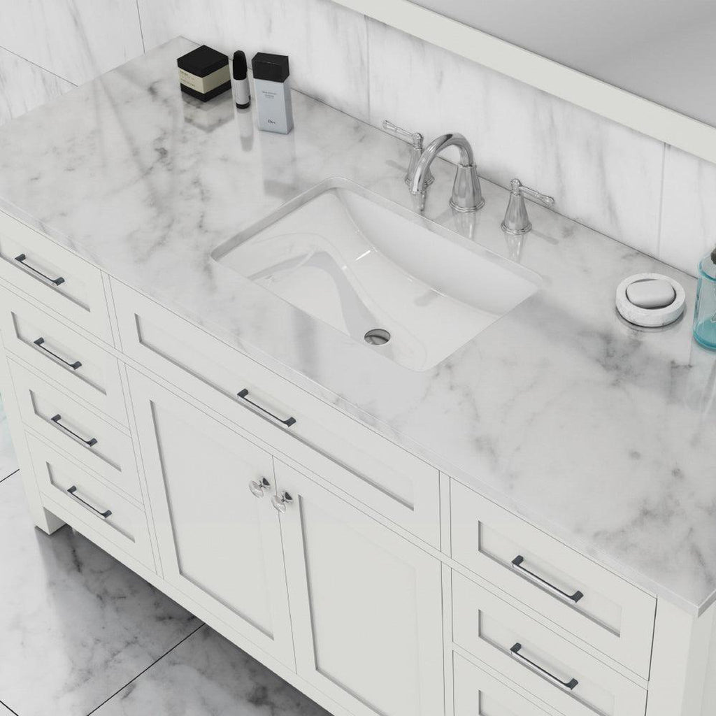 Alya Bath Norwalk 60" Single White Freestanding  Bathroom Vanity With Carrara Marble Top, Ceramic Sink with Wall Mounted Mirror - HE-101-60S-W-CWMT + AT-48-M-W