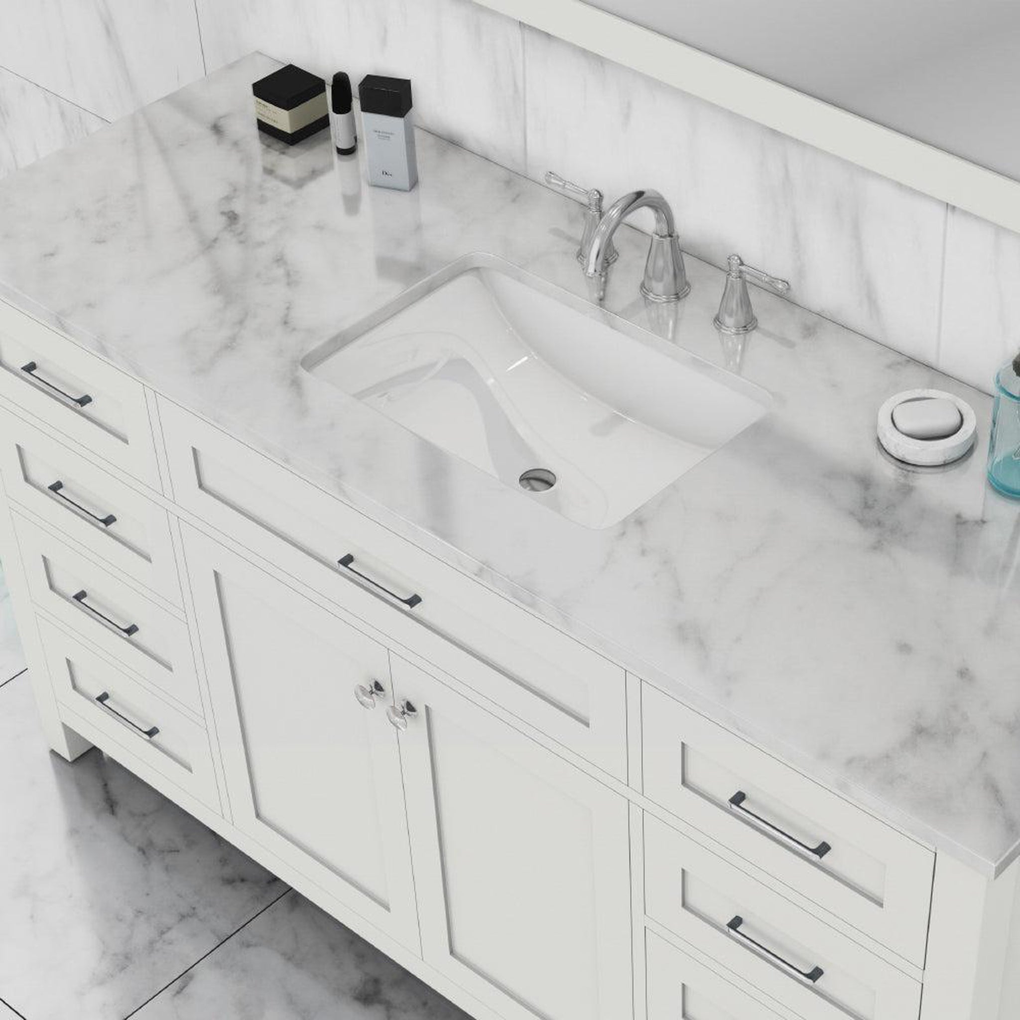 Alya Bath Norwalk 60" Single White Freestanding  Bathroom Vanity With Carrara Marble Top, Ceramic Sink with Wall Mounted Mirror - HE-101-60S-W-CWMT + AT-48-M-W