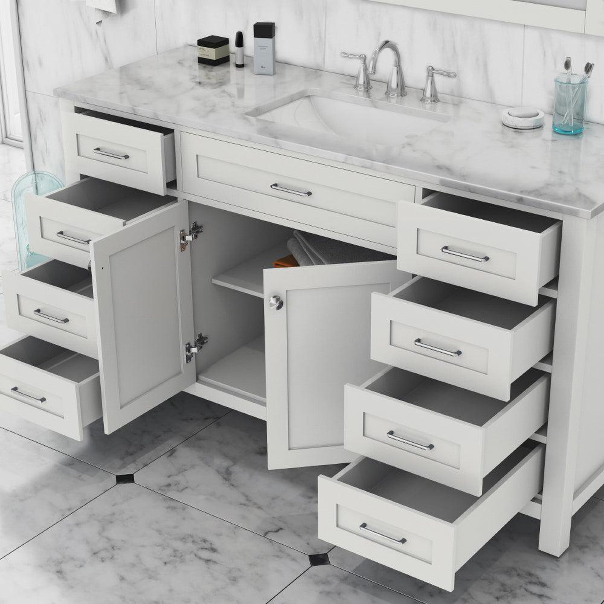 Alya Bath Norwalk 60" Single White Freestanding  Bathroom Vanity With Carrara Marble Top, Ceramic Sink with Wall Mounted Mirror - HE-101-60S-W-CWMT + AT-48-M-W