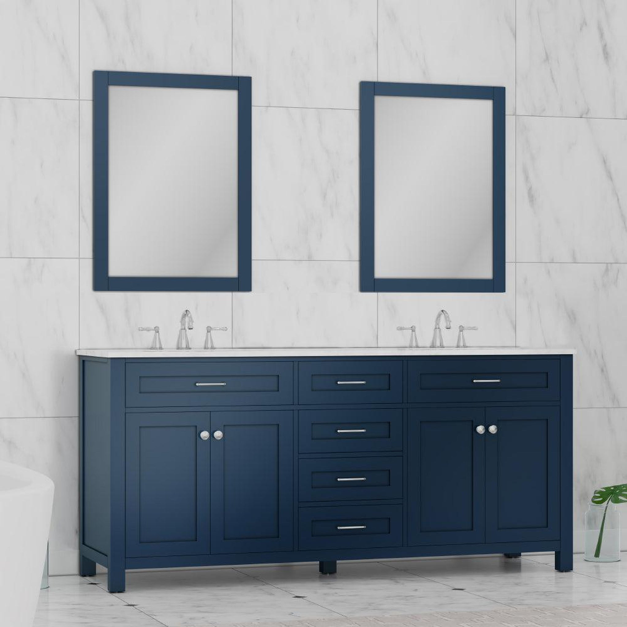 Alya Bath Norwalk 72" Double Blue Freestanding Bathroom Vanity With Carrara Marble Top, Ceramic Sink and Two Mirrors - HE-101-72D-B-CWMT + 2x HE-101/102-30-B-M