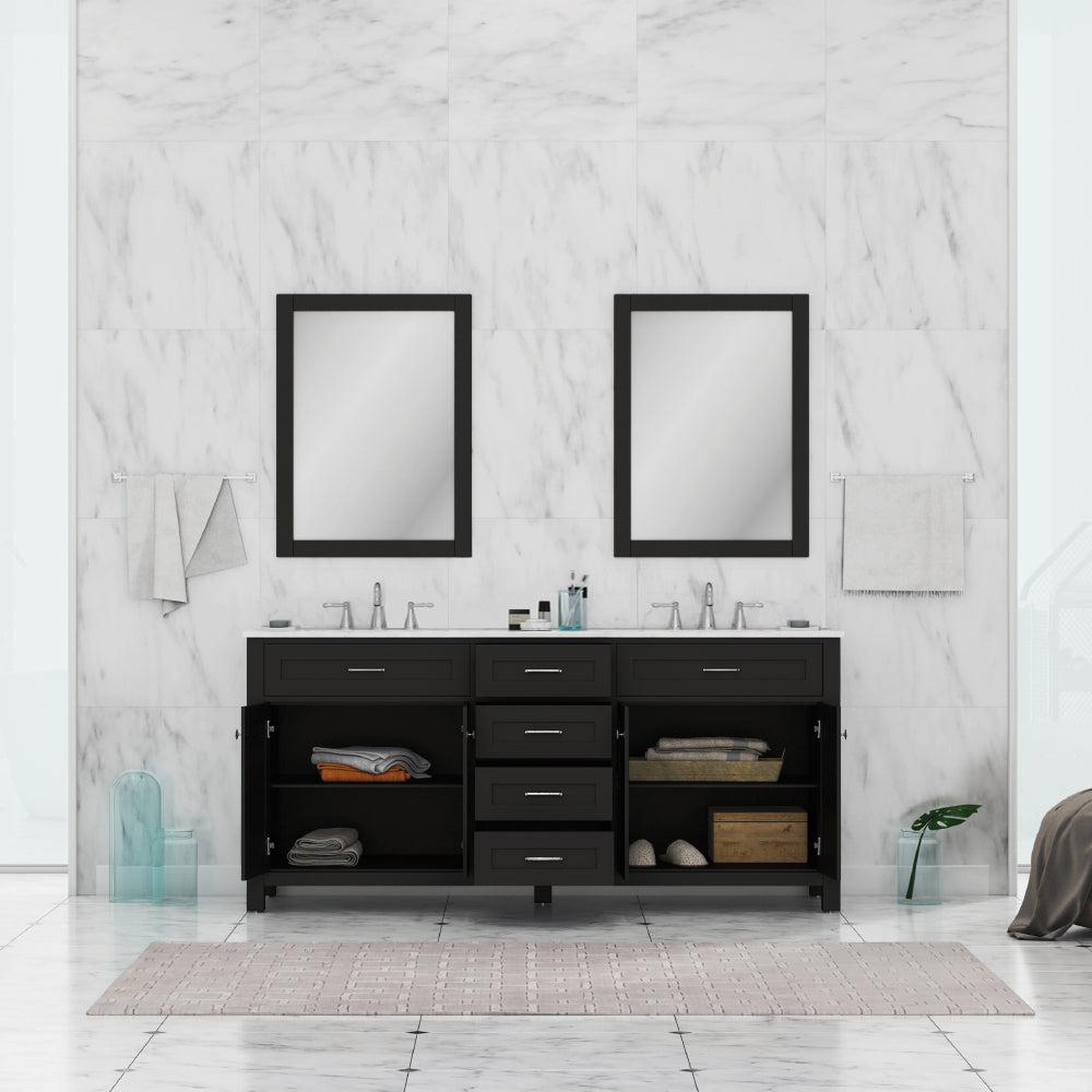 Alya Bath Norwalk 72" Double Espresso Freestanding  Bathroom Vanity With Carrara Marble Top, Ceramic Sink and Two Mirrors - HE-101-72D-E-CWMT + 2x HE-101/102-30-E-M