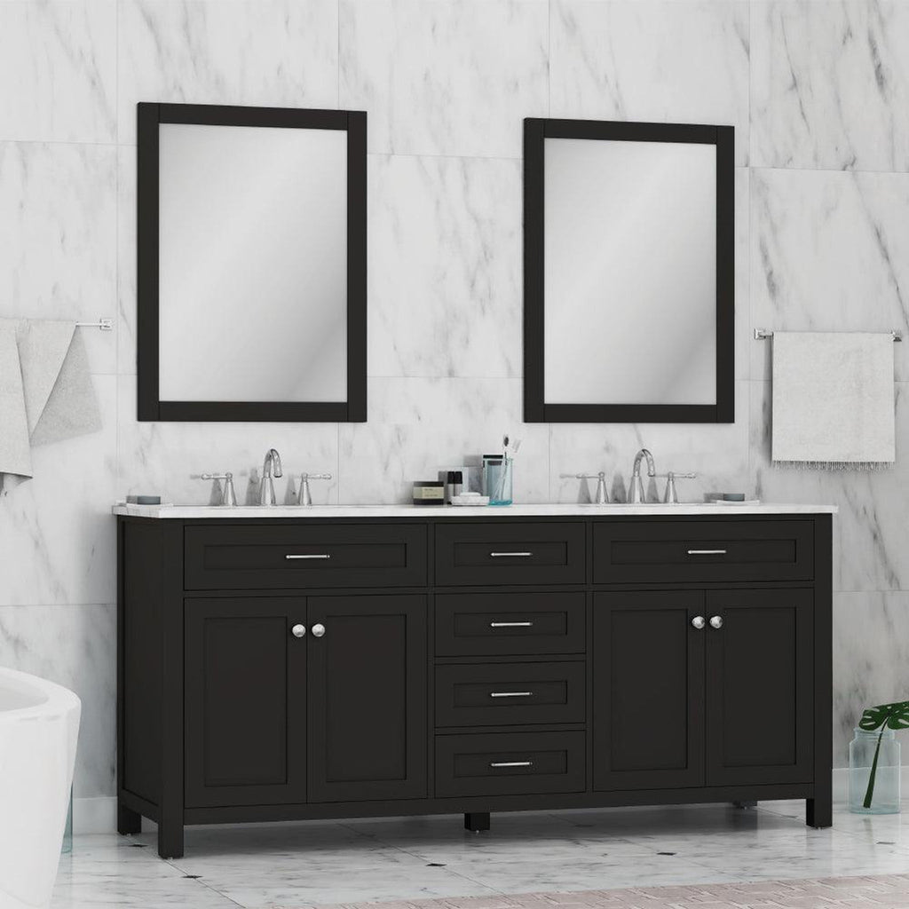 Alya Bath Norwalk 72" Double Espresso Freestanding  Bathroom Vanity With Carrara Marble Top, Ceramic Sink and Two Mirrors - HE-101-72D-E-CWMT + 2x HE-101/102-30-E-M