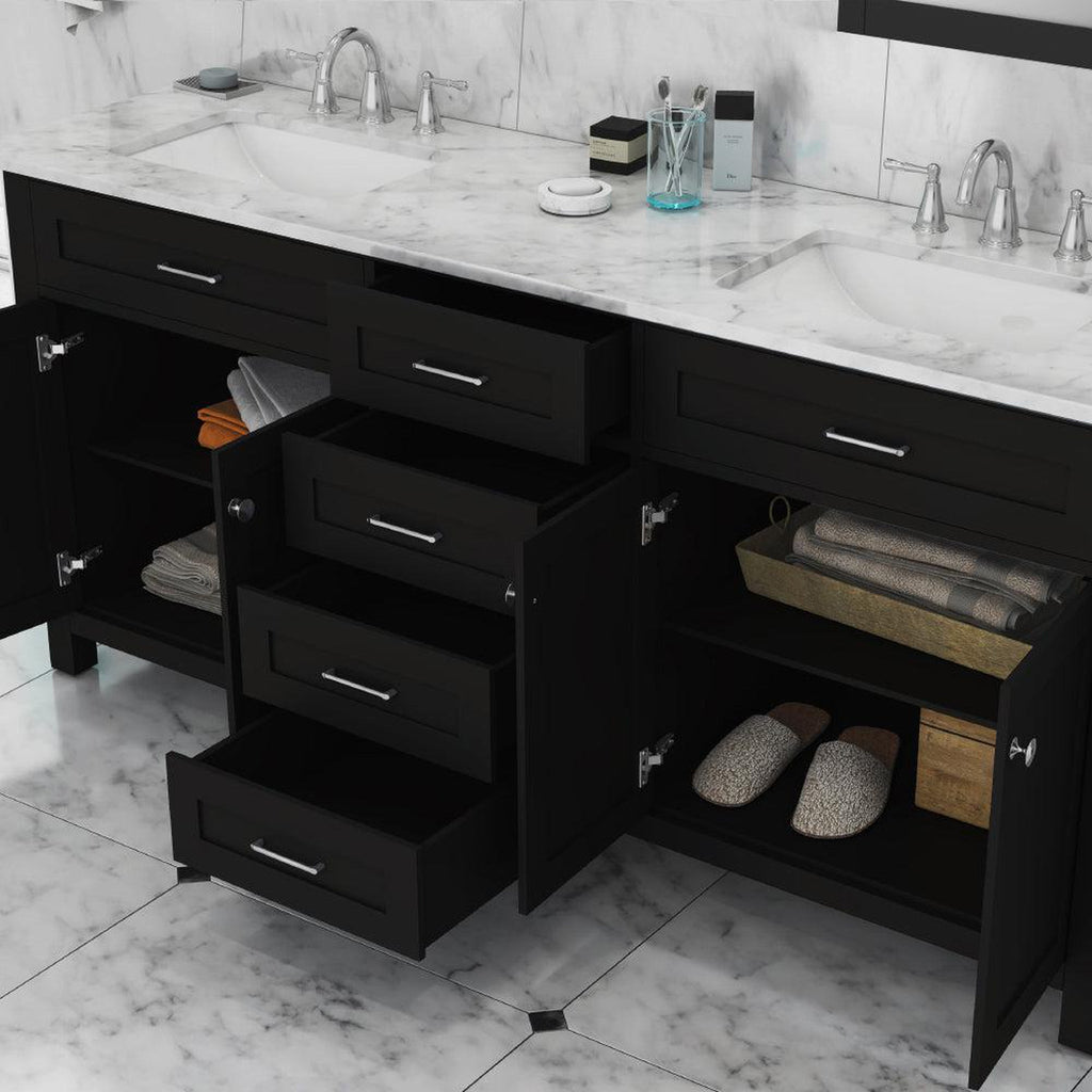 Alya Bath Norwalk 72" Double Espresso Freestanding  Bathroom Vanity With Carrara Marble Top, Ceramic Sink and Two Mirrors - HE-101-72D-E-CWMT + 2x HE-101/102-30-E-M