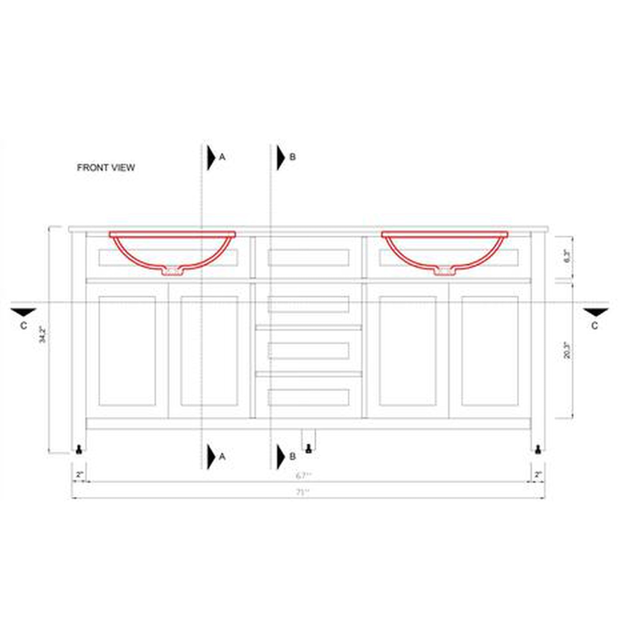 Alya Bath Norwalk 72" Double Espresso Freestanding  Bathroom Vanity With Carrara Marble Top, Ceramic Sink and Two Mirrors - HE-101-72D-E-CWMT + 2x HE-101/102-30-E-M