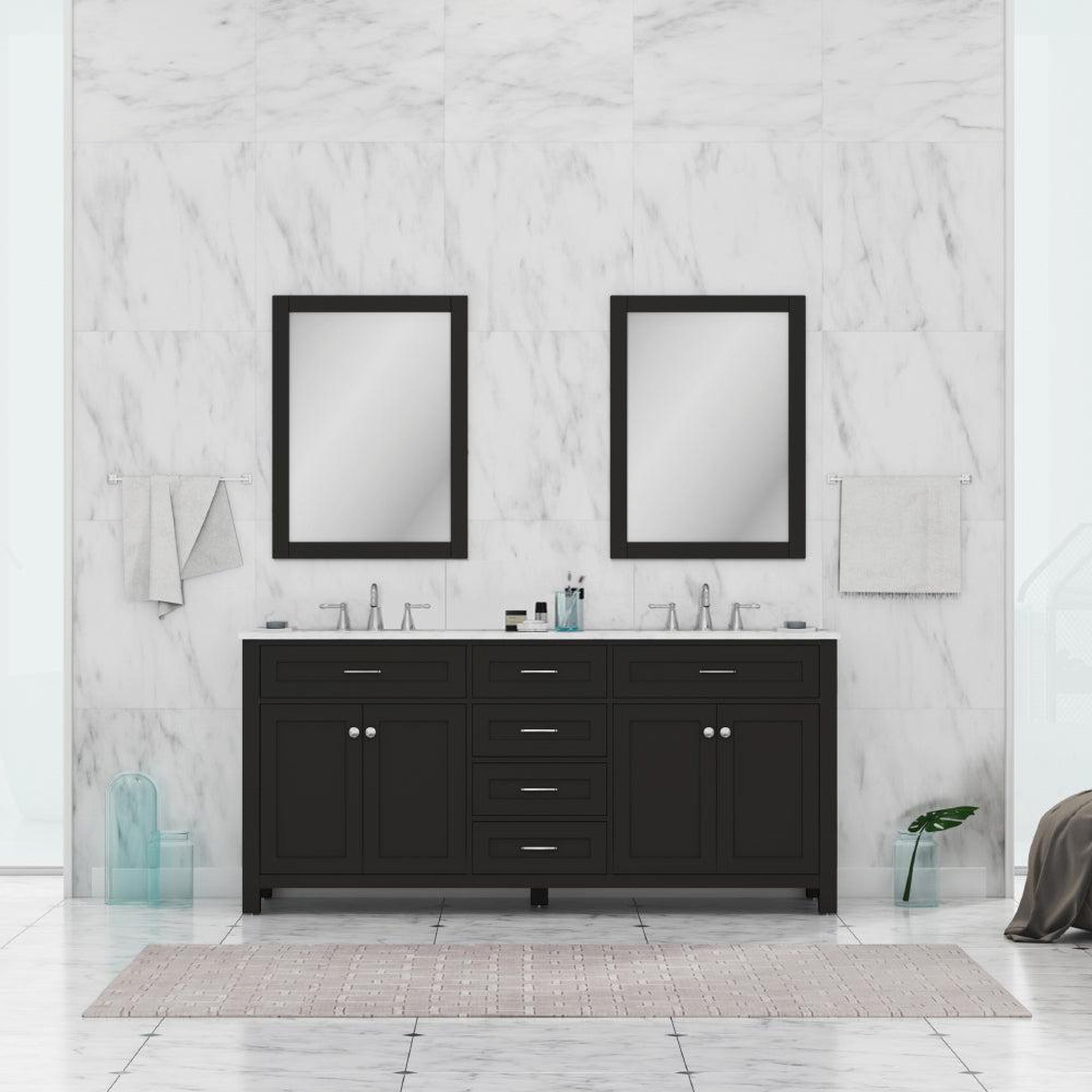 Alya Bath Norwalk 72" Double Espresso Freestanding  Bathroom Vanity With Carrara Marble Top, Ceramic Sink and Two Mirrors - HE-101-72D-E-CWMT + 2x HE-101/102-30-E-M