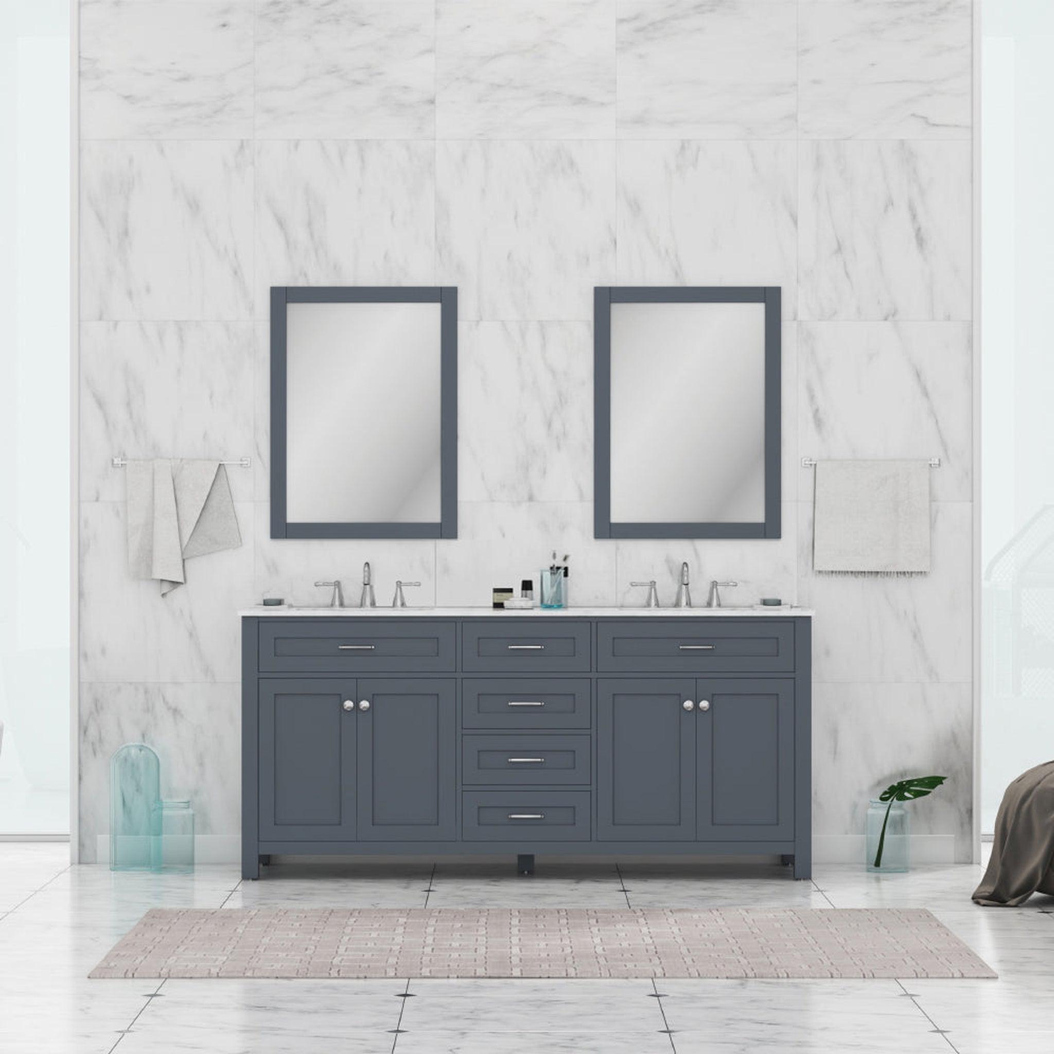 Alya Bath Norwalk 72" Double Gray Freestanding Bathroom Vanity With Carrara Marble Top, Ceramic Sink and Two Mirrors - HE-101-72D-G-CWMT + 2x HE-101/102-30-G-M