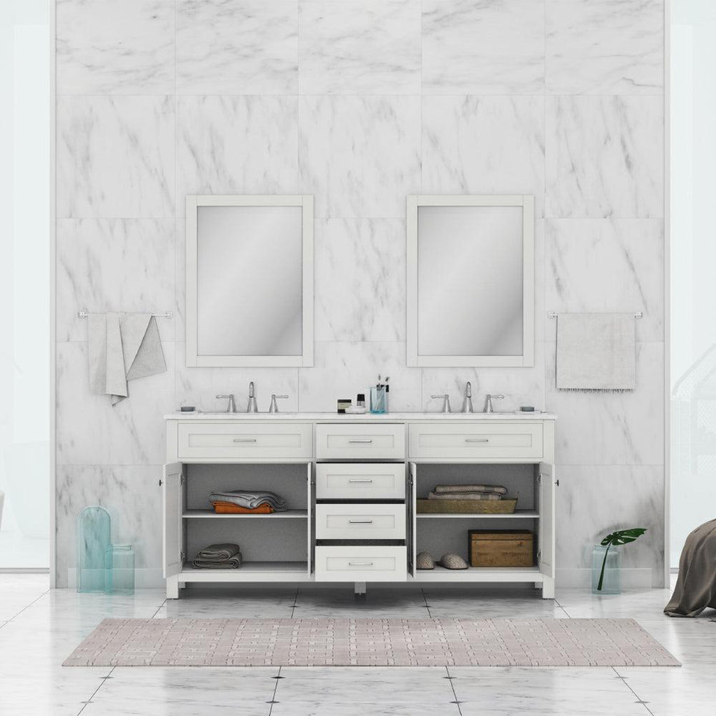 Alya Bath Norwalk 72" Double White Freestanding  Bathroom Vanity With Carrara Marble Top,  - HE-101-72D-W-CWMT + 2x HE-101/102-30-W-MCeramic Sink and Two Mirrors