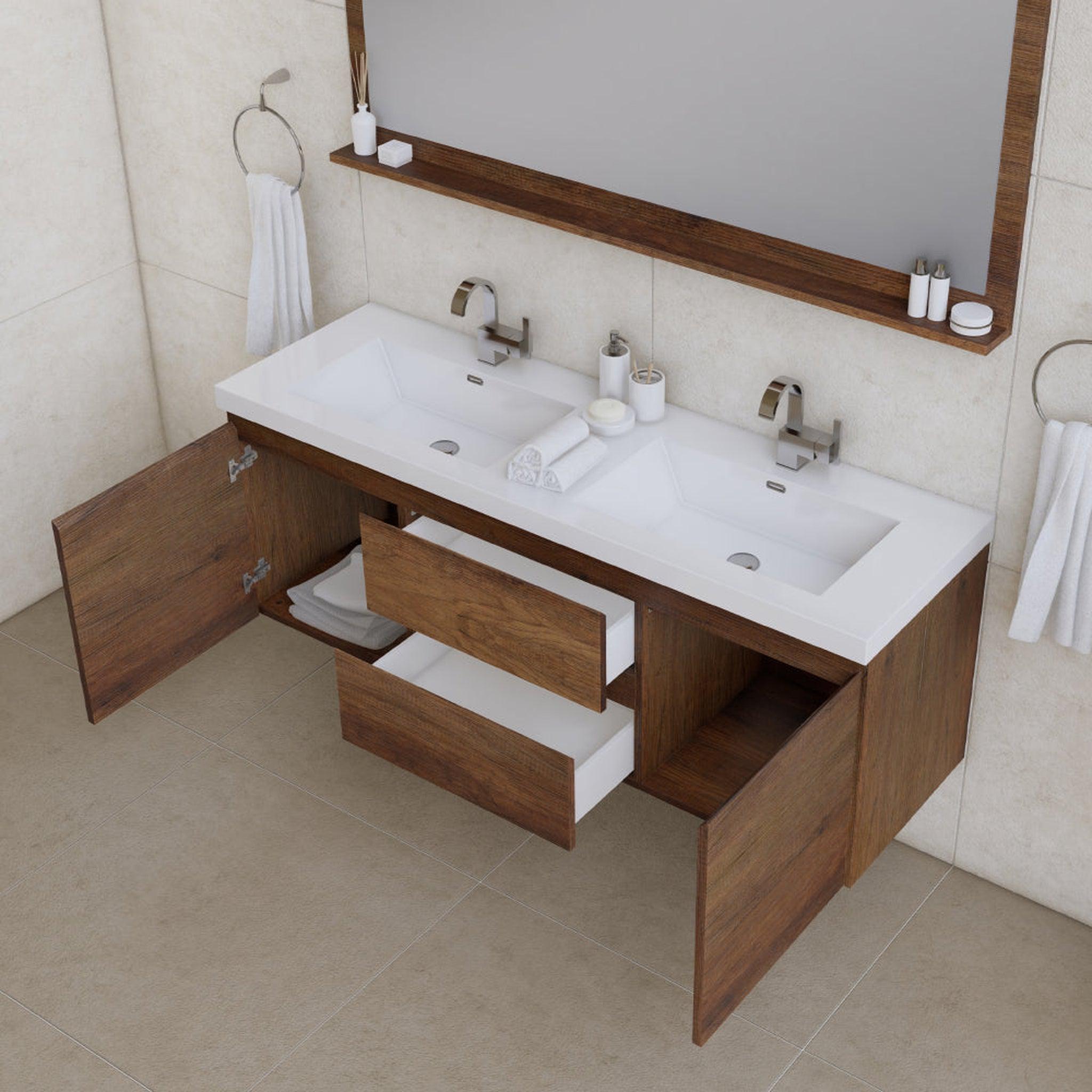 Alya Bath Paterno 60" Double Rosewood Modern Wall Mounted  Bathroom Vanity With Acrylic Top and Integrated Sink - AB-MOF60D-RW