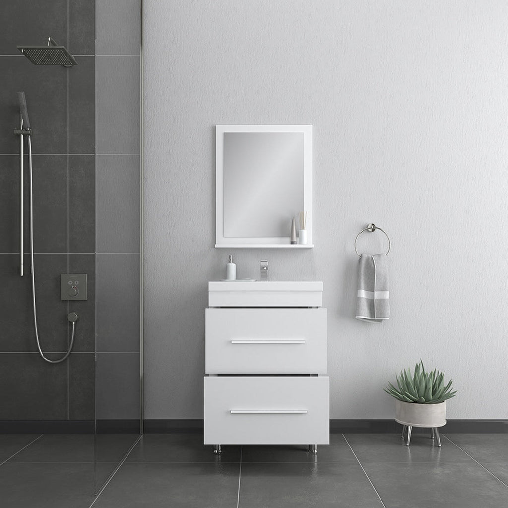 Alya Bath Ripley 24" Single White Modern Freestanding Single Bathroom Vanity With Integrated Acrylic Top, Acrylic Sink and Wall Mounted Mirror - AT-8080-W+AT-24-M-W