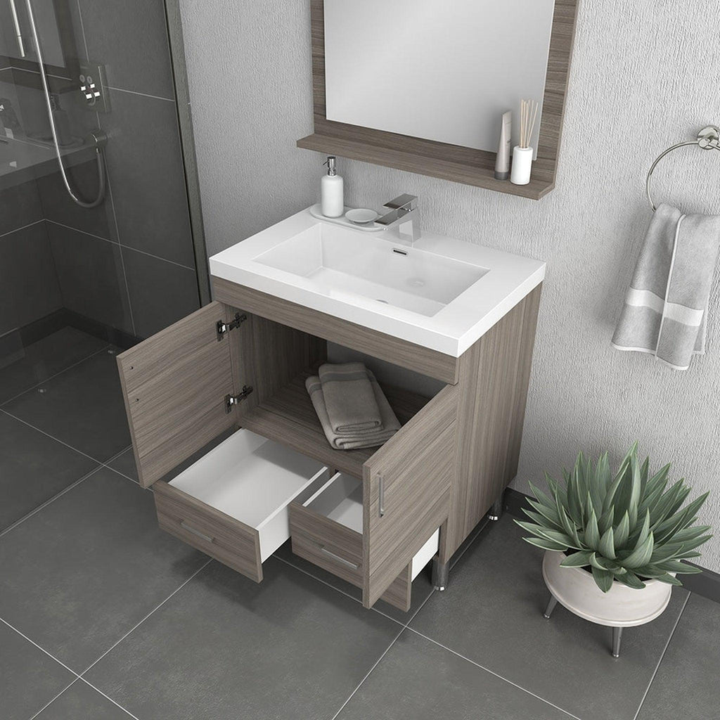 Alya Bath Ripley  30" Single Gray Modern Freestanding  Bathroom Vanity With Integrated Acrylic Top, Acrylic Sink and Wall Mounted Mirror - AT-8085-G+AT-30-M-G