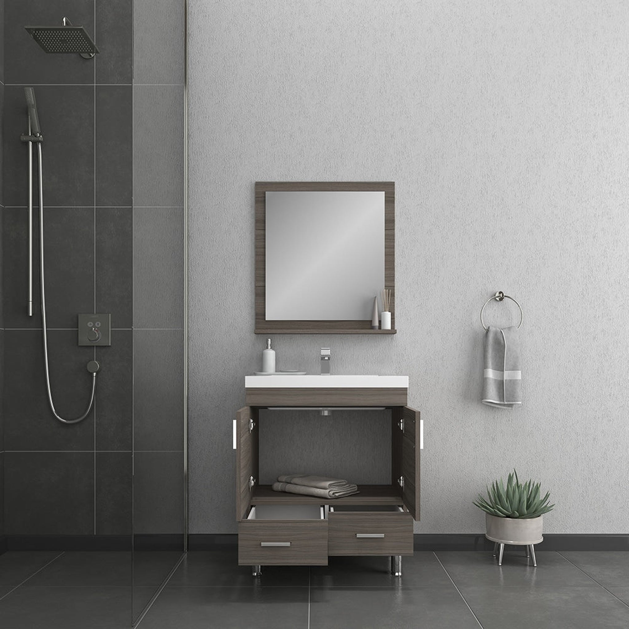 Alya Bath Ripley  30" Single Gray Modern Freestanding  Bathroom Vanity With Integrated Acrylic Top, Acrylic Sink and Wall Mounted Mirror - AT-8085-G+AT-30-M-G