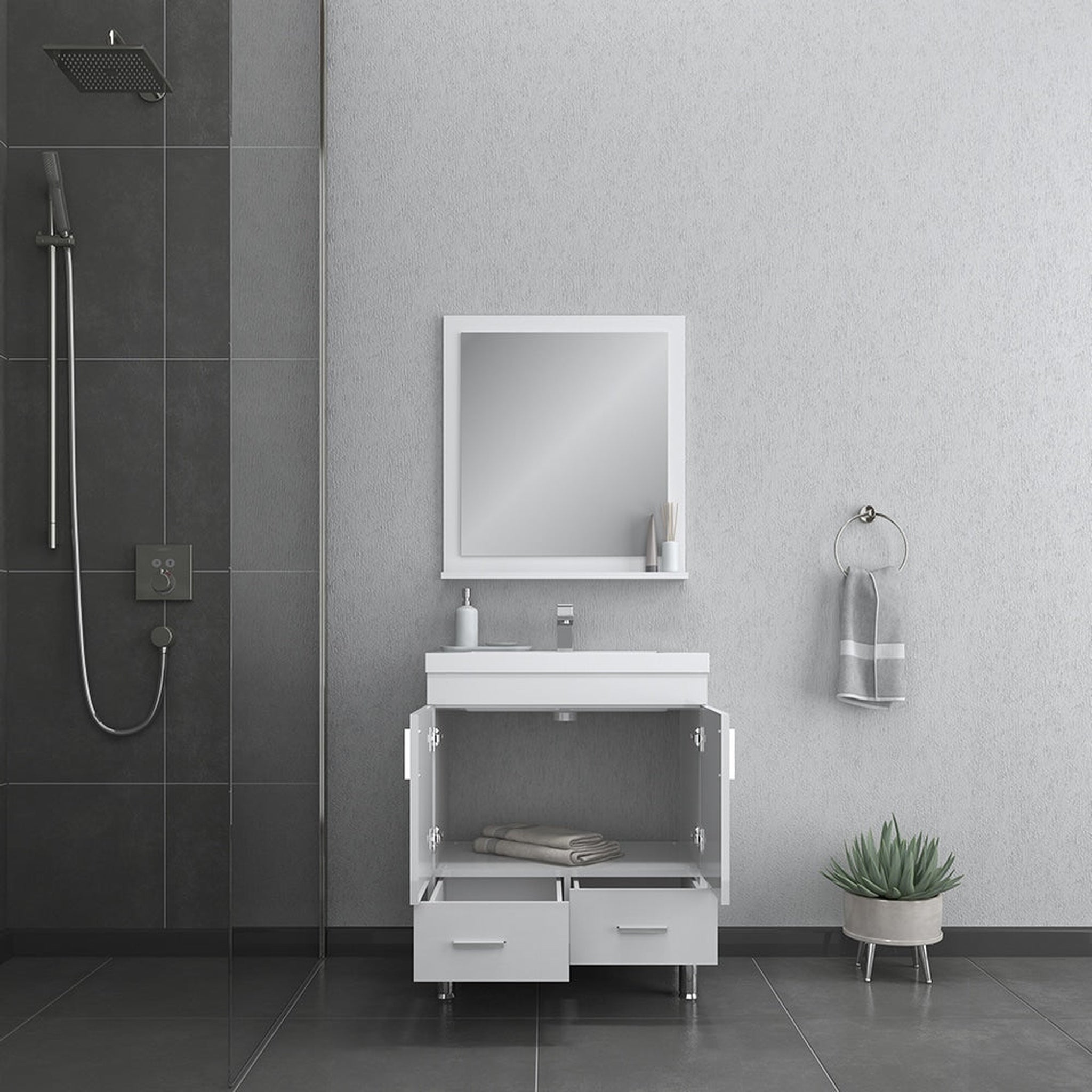 Alya Bath Ripley  30" Single White Modern Freestanding  Bathroom Vanity With Integrated Acrylic Top, Acrylic Sink and Wall Mounted Mirror - AT-8085-W+AT-30-M-W