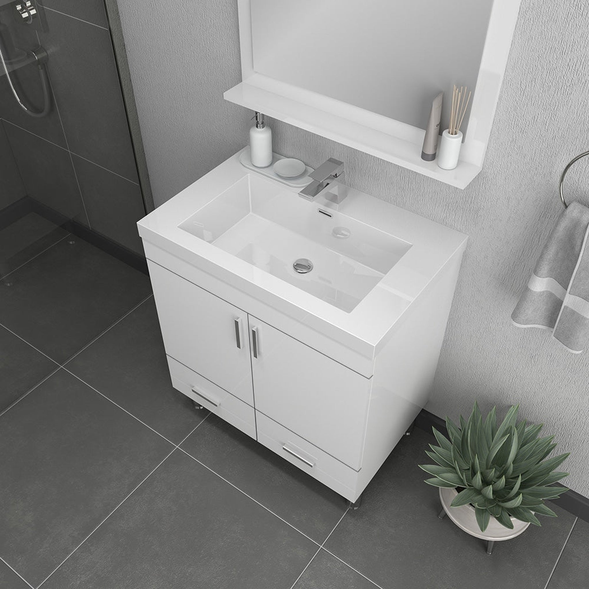 Alya Bath Ripley  30" Single White Modern Freestanding  Bathroom Vanity With Integrated Acrylic Top, Acrylic Sink and Wall Mounted Mirror - AT-8085-W+AT-30-M-W