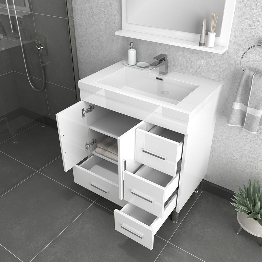 Alya Bath Ripley  30" Single White Modern Freestanding  Bathroom Vanity With drawers, Integrated Acrylic Top, Acrylic Sink and Wall Mounted Mirror - AT-8050-W+AT-30-M-W