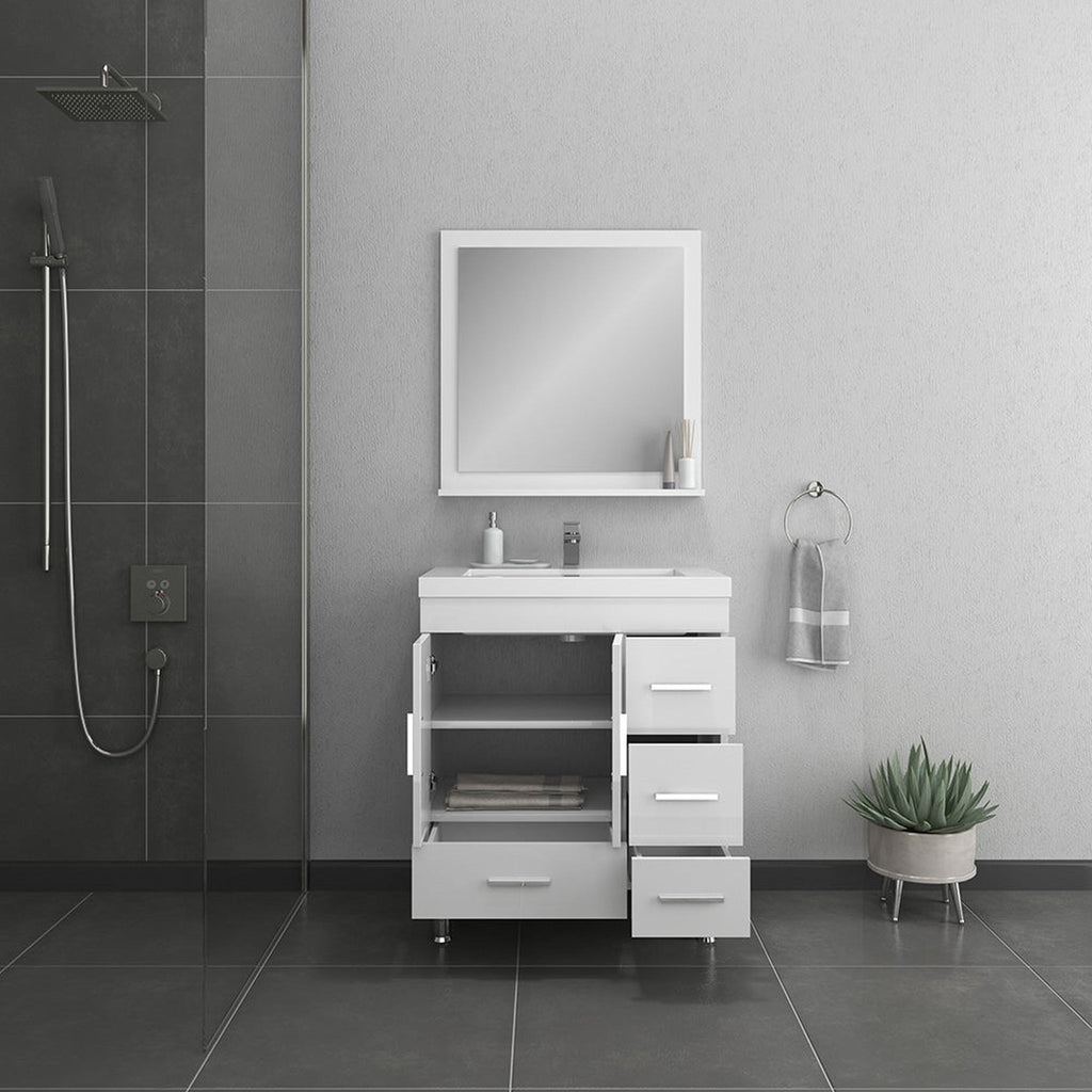 Alya Bath Ripley  30" Single White Modern Freestanding  Bathroom Vanity With drawers, Integrated Acrylic Top, Acrylic Sink and Wall Mounted Mirror - AT-8050-W+AT-30-M-W
