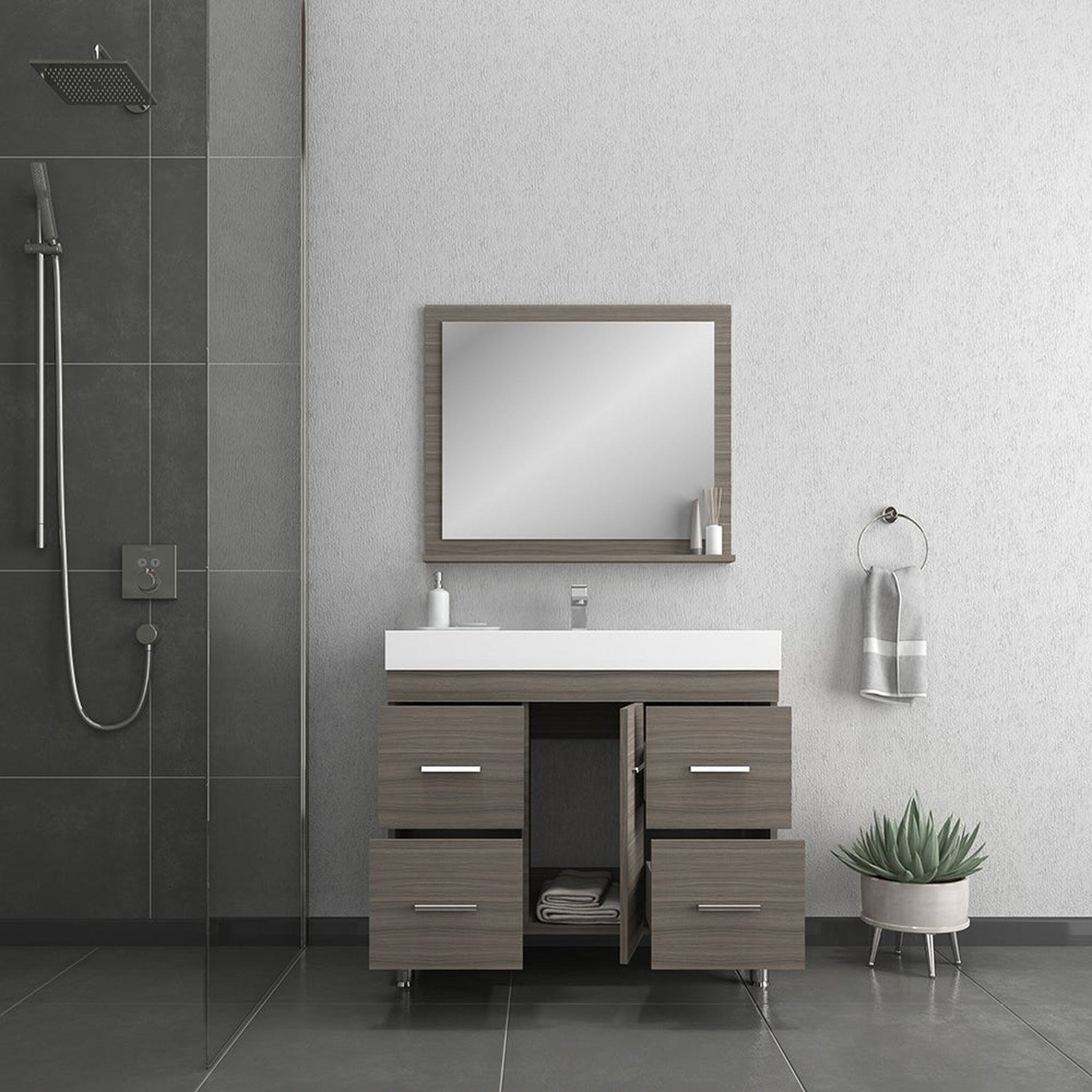 Alya Bath Ripley 39" Single Gray Modern Freestanding  Bathroom Vanity With Integrated Acrylic Top, Acrylic Sink and Wall Mounted Mirror - AT-8041-G+AT-36-M-G