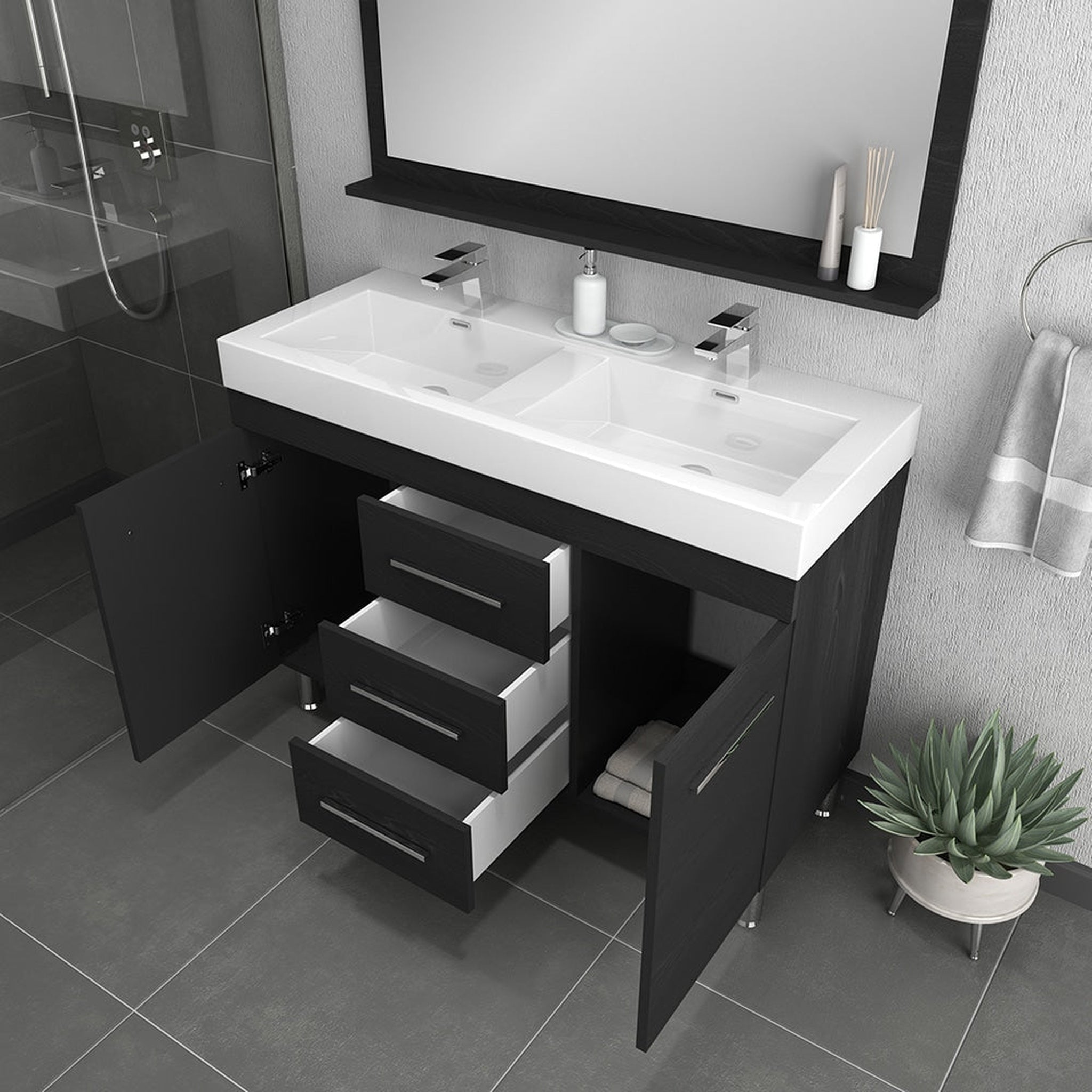 Alya Bath Ripley 48" Double Black Modern Freestanding  Bathroom Vanity With Integrated Acrylic Top, Acrylic Sink and Wall Mounted Mirror - AT-8048-B-D+AT-48-M-B