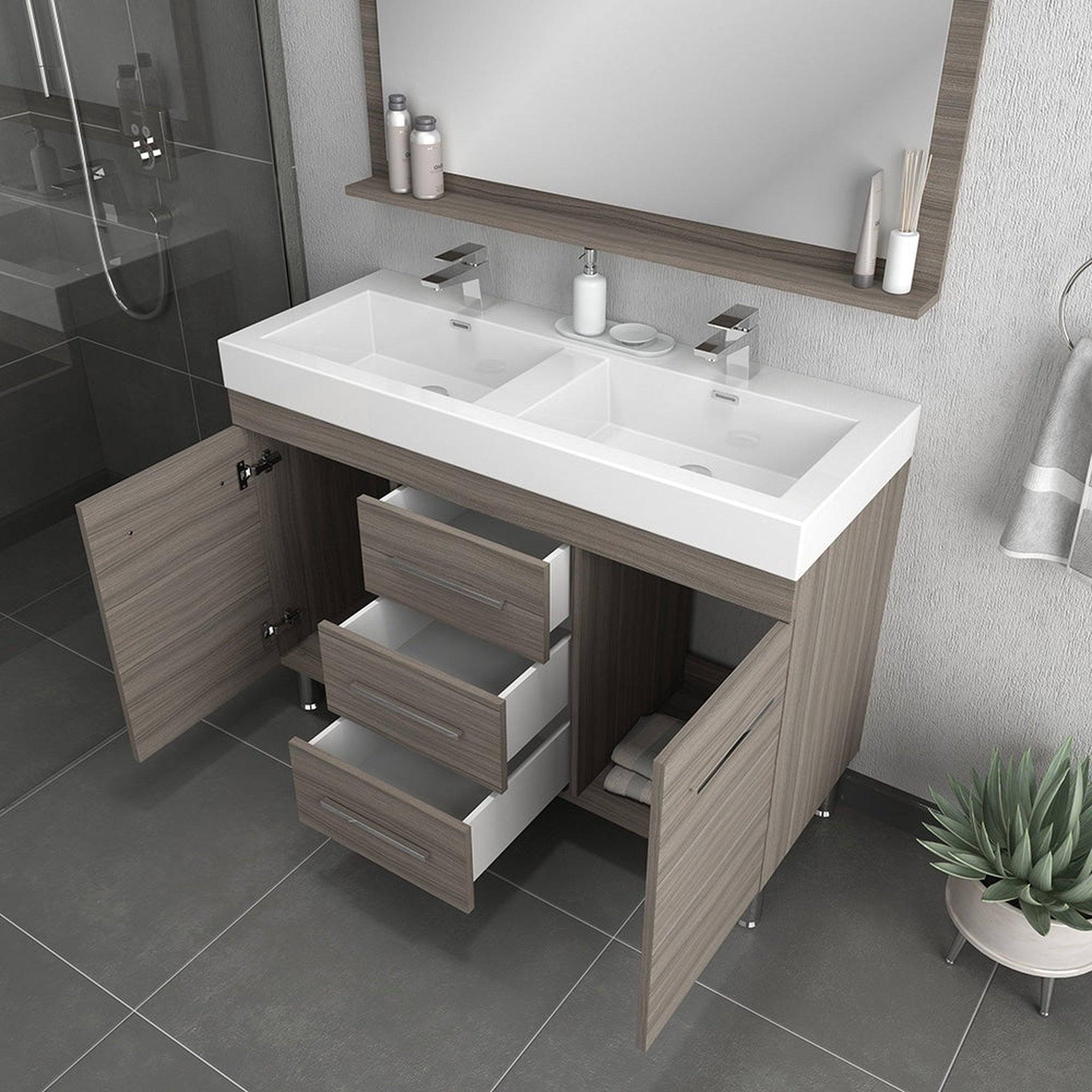 Alya Bath Ripley 48" Double Gray Modern Freestanding  Bathroom Vanity With Integrated Acrylic Top, Acrylic Sink and Wall Mounted Mirror - AT-8048-G-D+AT-48-M-G
