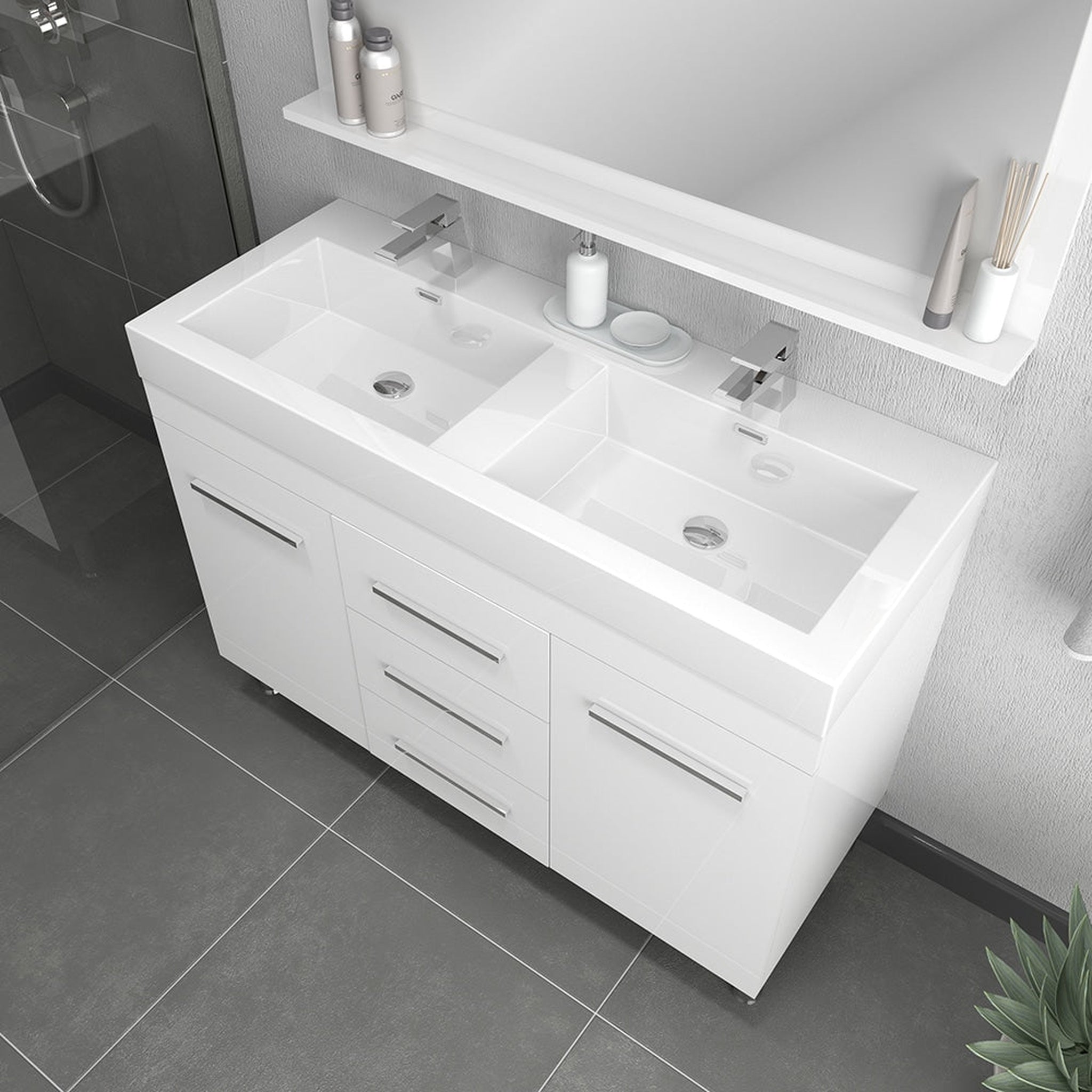 Alya Bath Ripley 48" Double White Modern Freestanding  Bathroom Vanity With Integrated Acrylic Top, Acrylic Sink and Wall Mounted Mirror - AT-8048-W-D+AT-48-M-W