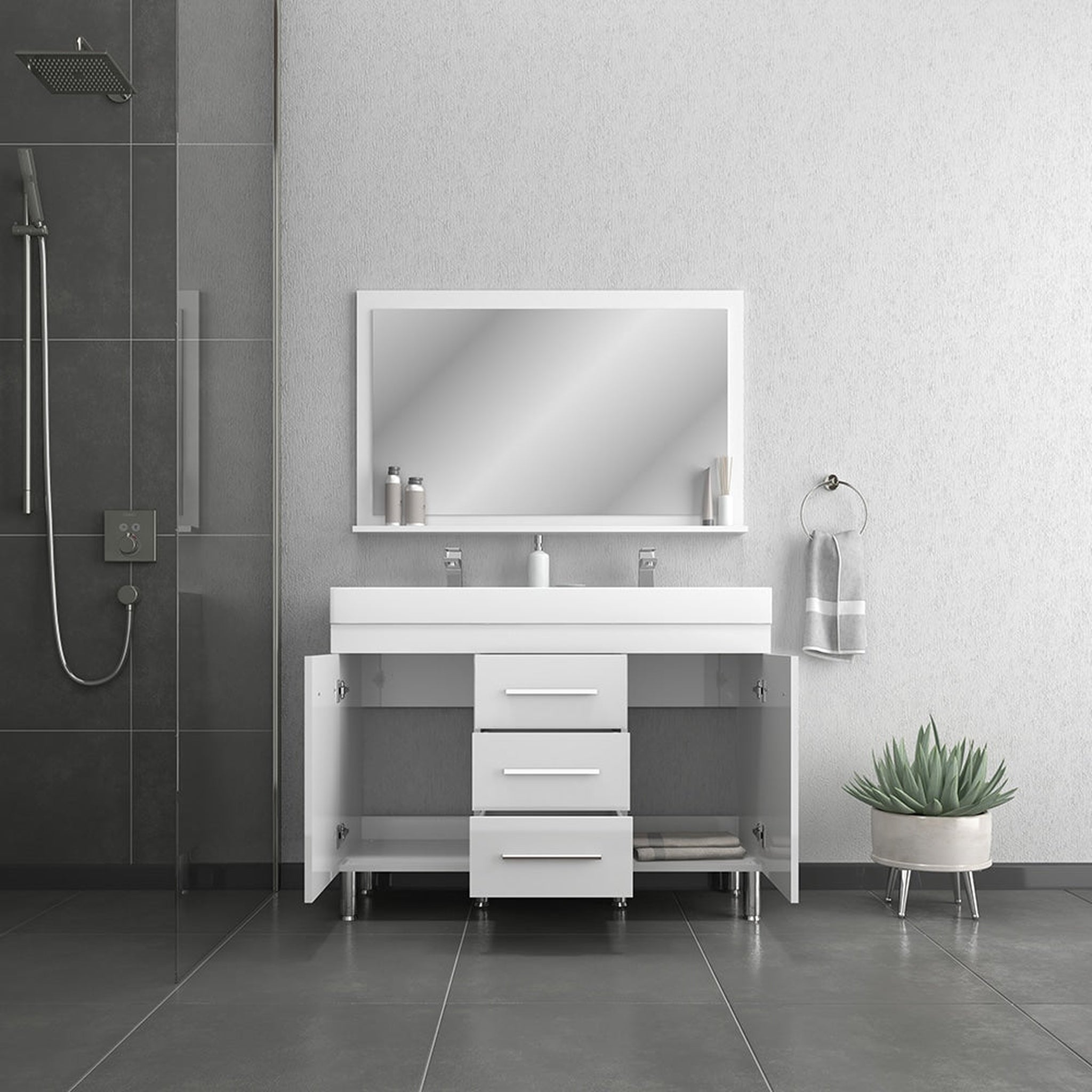 Alya Bath Ripley 48" Double White Modern Freestanding  Bathroom Vanity With Integrated Acrylic Top, Acrylic Sink and Wall Mounted Mirror - AT-8048-W-D+AT-48-M-W