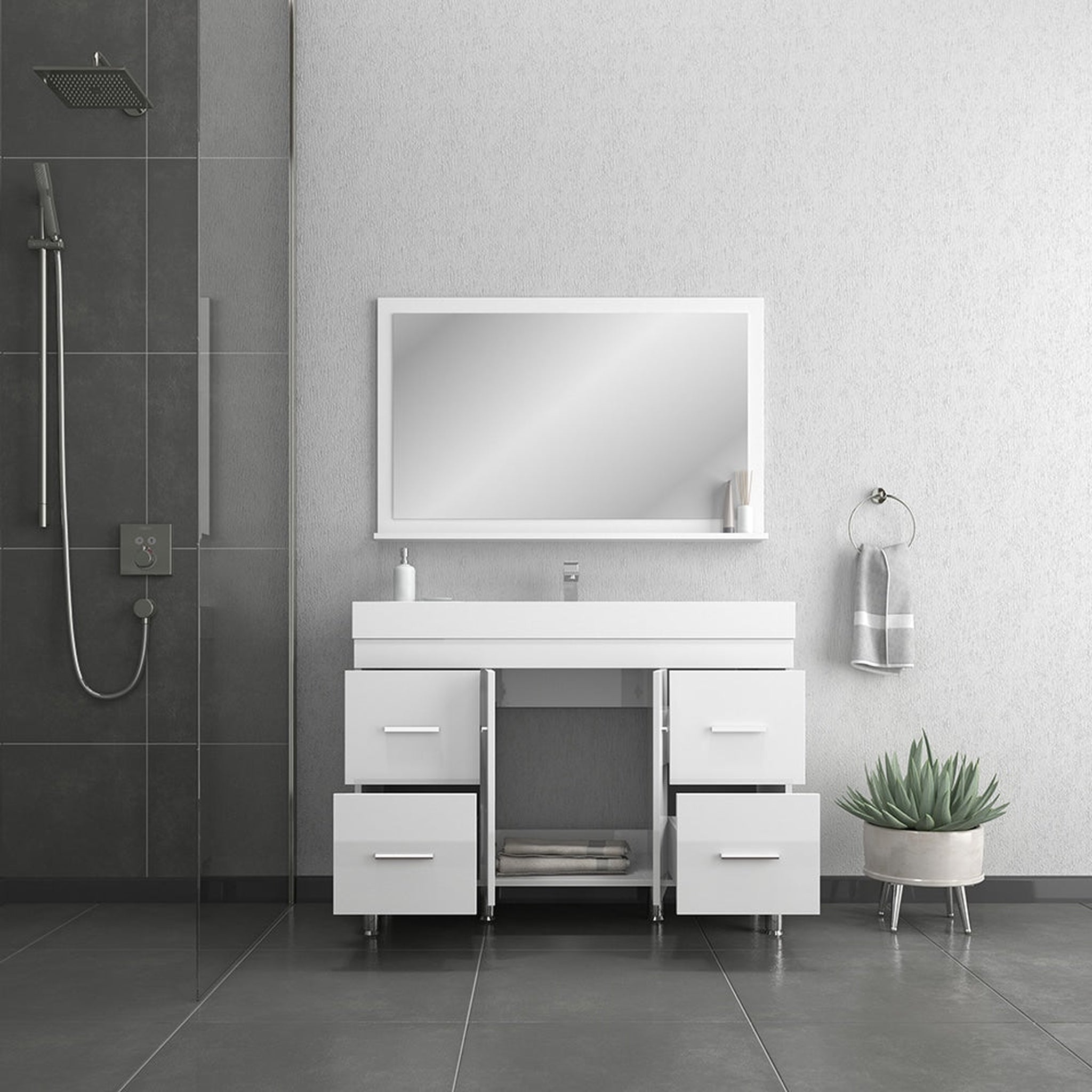 Alya Bath Ripley 48" Single White Modern Freestanding  Bathroom Vanity With Integrated Acrylic Top, Acrylic Sink and Wall Mounted Mirror - AT-8042-W+AT-48-M-W