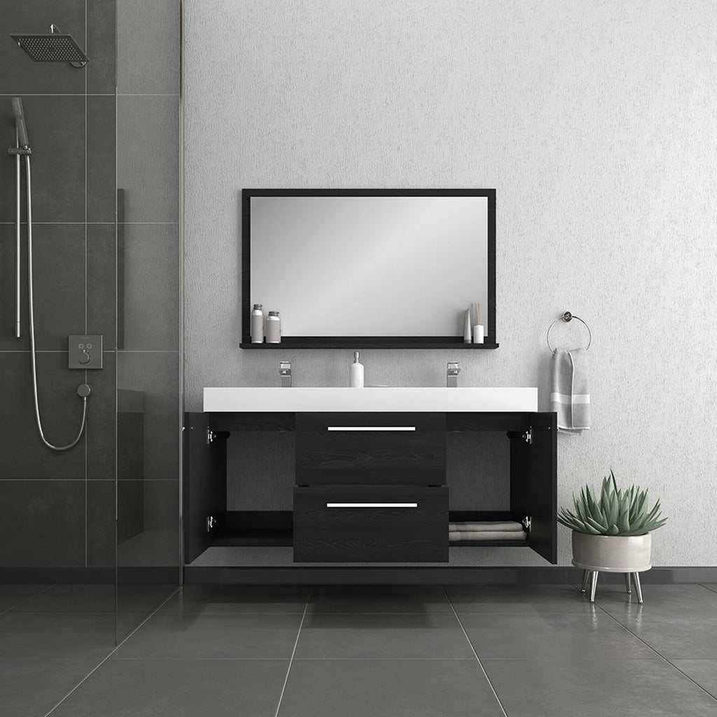 Alya Bath Ripley 54" Double Black Modern Wall Mounted Bathroom Vanity With Integrated Acrylic Top, Acrylic Sink and Wall Mounted Mirror - AT-8047-B-D+AT-48-M-B