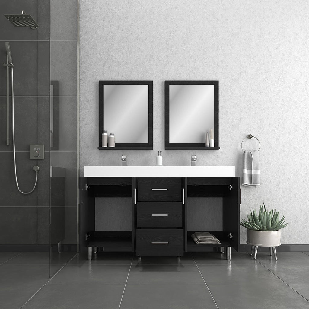 Alya Bath Ripley 56" Double Black Modern Freestanding Bathroom Vanity With Integrated Acrylic Top, Acrylic Sink and Wall Mounted Mirror - AT-8043-B-D+2x AT-24-M-B